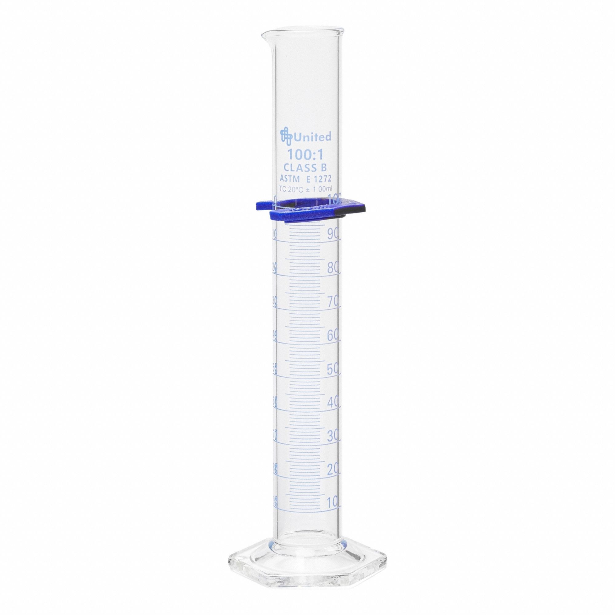 UNITED SCIENTIFIC SUPPLIES INC Graduated Cylinder: 100 mL, A, To Contain (TC), Bumper Included (MPN UNCYLNGB-100). Key specifications — ASTM Specification: E1272; Brand: UNITED SCIENTIFIC SUPPLIES INC; USP Specification: Type I; Closure Included: No; Includes: Bumper.