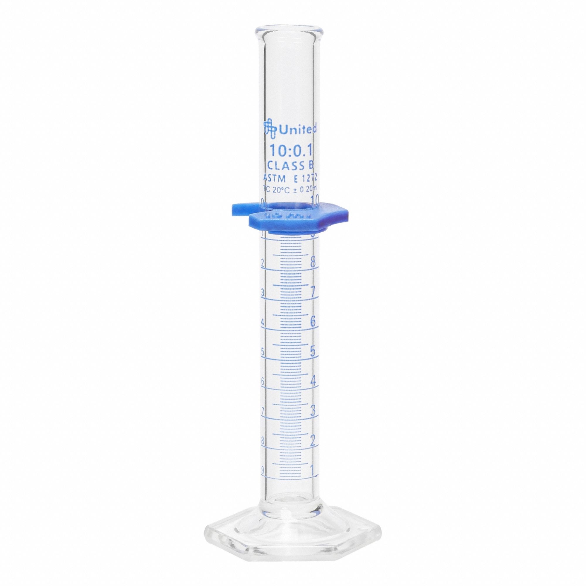 UNITED SCIENTIFIC SUPPLIES INC Graduated Cylinder: 10 mL, A, To Contain (TC), Bumper Included (MPN UNCYLNGB-10). Key specifications — ASTM Specification: E1272; Brand: UNITED SCIENTIFIC SUPPLIES INC; USP Specification: Type I; Closure Included: No; Includes: Bumper.
