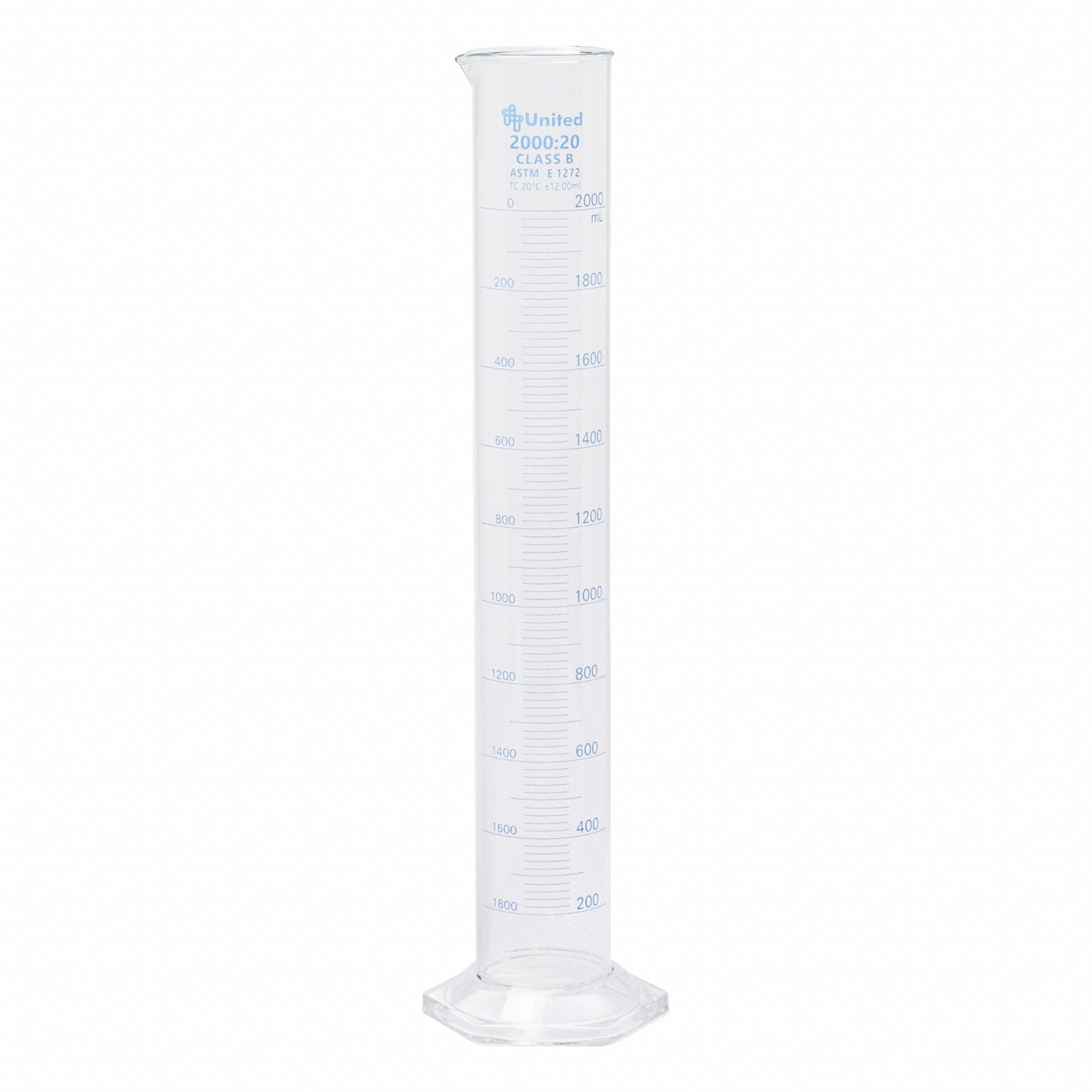 UNITED SCIENTIFIC SUPPLIES INC Graduated Cylinder: 2 L, A, To Contain (TC), Bumper Included (MPN UNCYLNGB-2000). Key specifications — ASTM Specification: E1272; Brand: UNITED SCIENTIFIC SUPPLIES INC; USP Specification: Type I; Closure Included: No; Includes: Bumper.