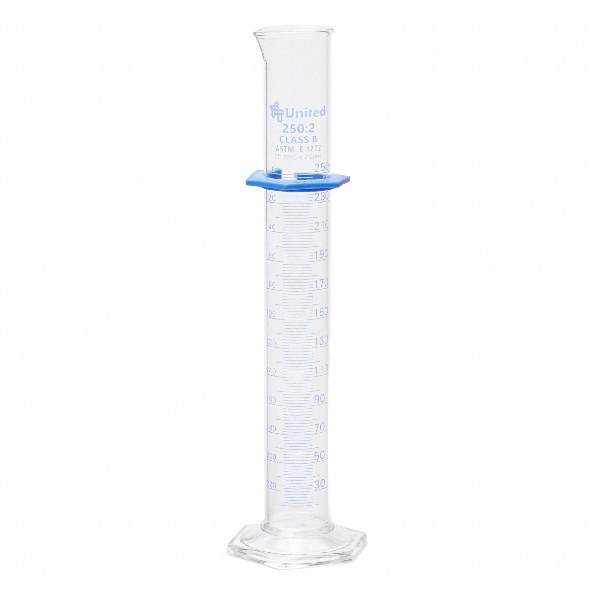 UNITED SCIENTIFIC SUPPLIES INC Graduated Cylinder: 250 mL, A, To Contain (TC), Bumper Included (MPN UNCYLNGB-250). Key specifications — ASTM Specification: E1272; Brand: UNITED SCIENTIFIC SUPPLIES INC; USP Specification: Type I; Closure Included: No; Includes: Bumper.