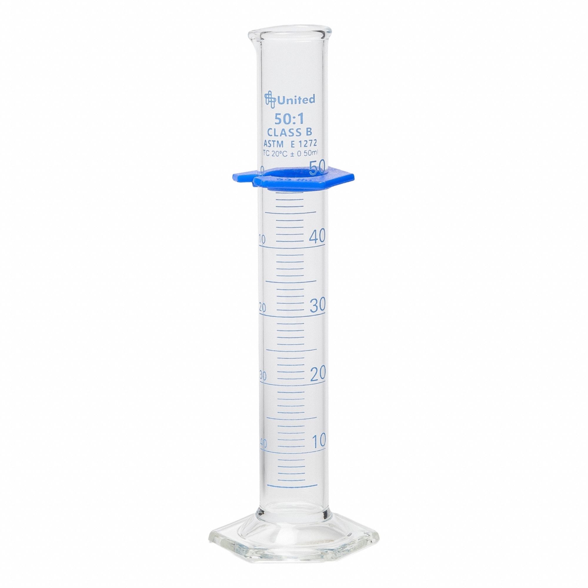 UNITED SCIENTIFIC SUPPLIES INC Graduated Cylinder: 50 mL, A, To Contain (TC), Bumper Included (MPN UNCYLNGB-50). Key specifications — ASTM Specification: E1272; Brand: UNITED SCIENTIFIC SUPPLIES INC; USP Specification: Type I; Closure Included: No; Includes: Bumper.