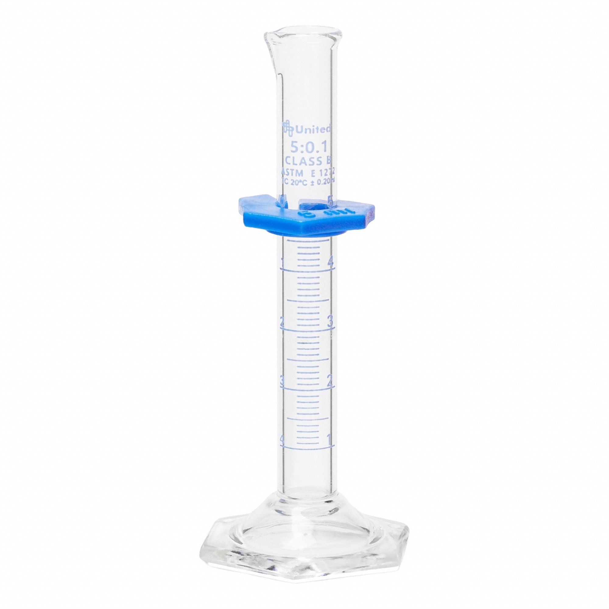 UNITED SCIENTIFIC SUPPLIES INC Graduated Cylinder: 5 mL, A, To Contain (TC), Bumper Included (MPN UNCYLNGB-5). Key specifications — ASTM Specification: E1272; Brand: UNITED SCIENTIFIC SUPPLIES INC; USP Specification: Type I; Closure Included: No; Includes: Bumper.
