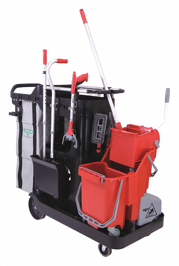 JANITOR CART,3 SHELF/4 WHEEL,BLACK,48X22X43 IN/WHEEL 4 IN/24 GAL,PLASTIC/RUBBER