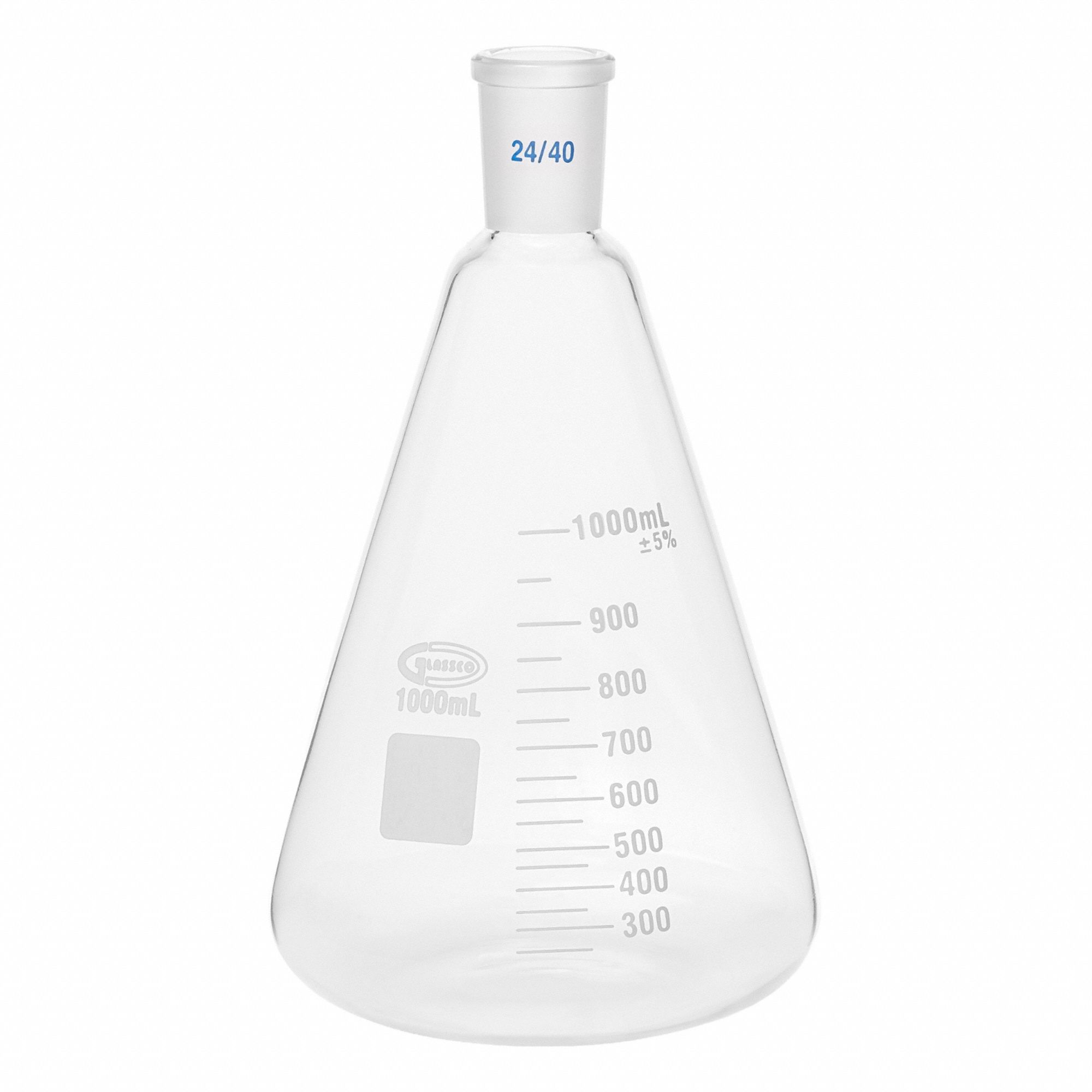 UNITED SCIENTIFIC SUPPLIES INC Glass Flasks: 1,000 mL, Colorless, Conical, Includes Closure (MPN UNJTERFL1000). Key specifications — Shape: Conical; Body Color: Colorless; Brand: UNITED SCIENTIFIC SUPPLIES INC; Compatible with Stopper Size: 24/40; USP Specification: Type I.