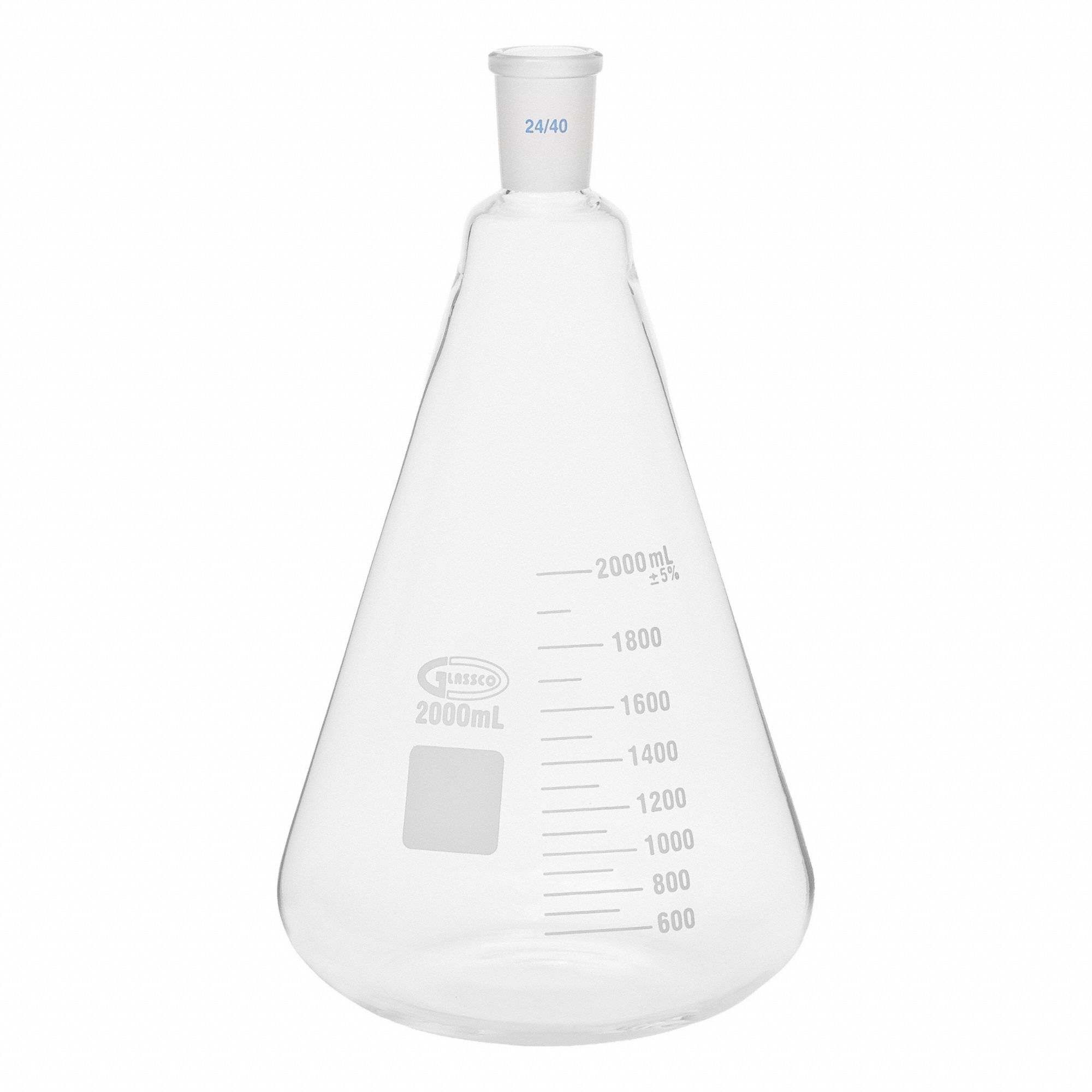 UNITED SCIENTIFIC SUPPLIES INC Glass Flasks: 2,000 mL, Colorless, Conical, Includes Closure (MPN UNJTERFL2000). Key specifications — Shape: Conical; Body Color: Colorless; Brand: UNITED SCIENTIFIC SUPPLIES INC; Compatible with Stopper Size: 24/40; USP Specification: Type I.