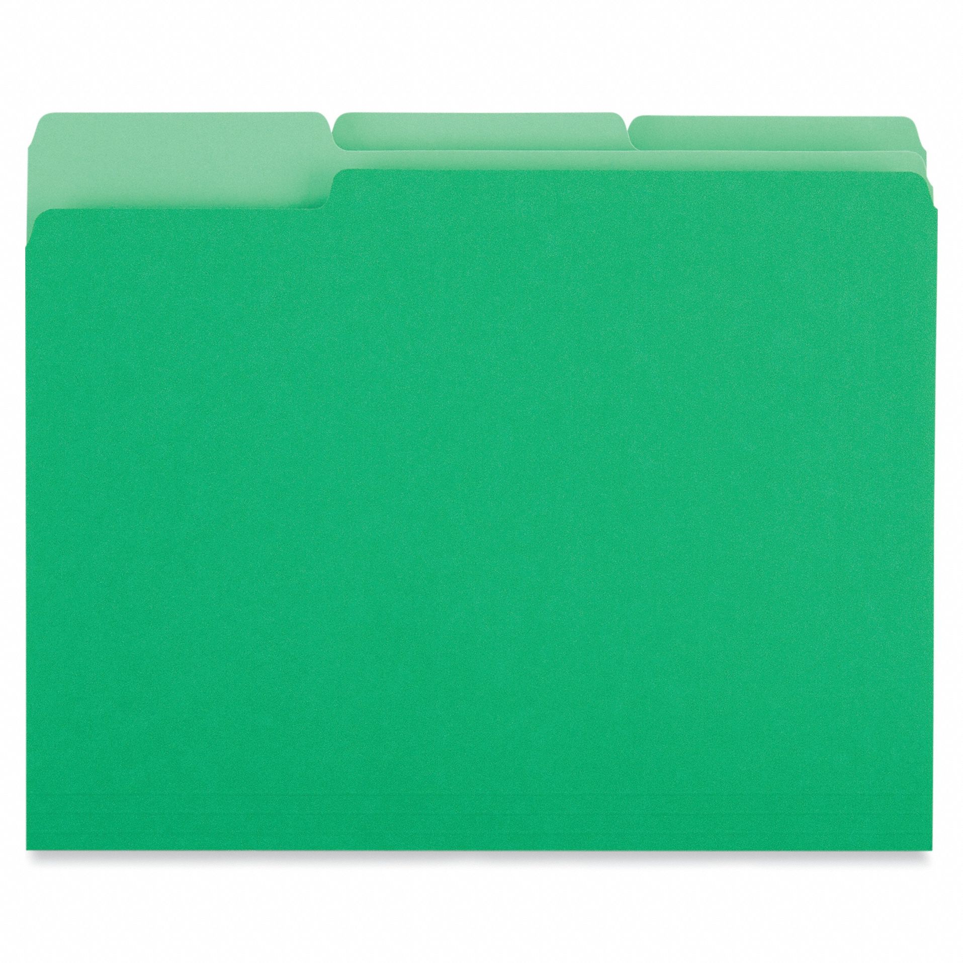File Folders: 8 1/2 in Ht, 11 in Wd, Green, 11 pt. Stock, Top Tab Location, 100 PK