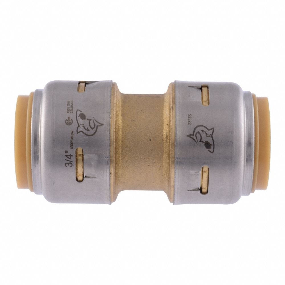 Push-Fit Coupling Fitting: 3/4 in OD x 3/4 in OD Size, Brass, Coupling