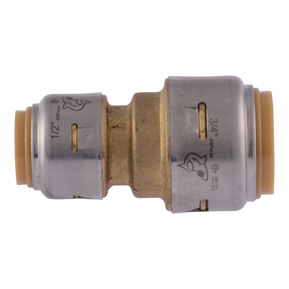 Push-Fit Adapter Fitting: 3/4 in OD x 1/2 in OD Size, Brass, Coupling/Reducer