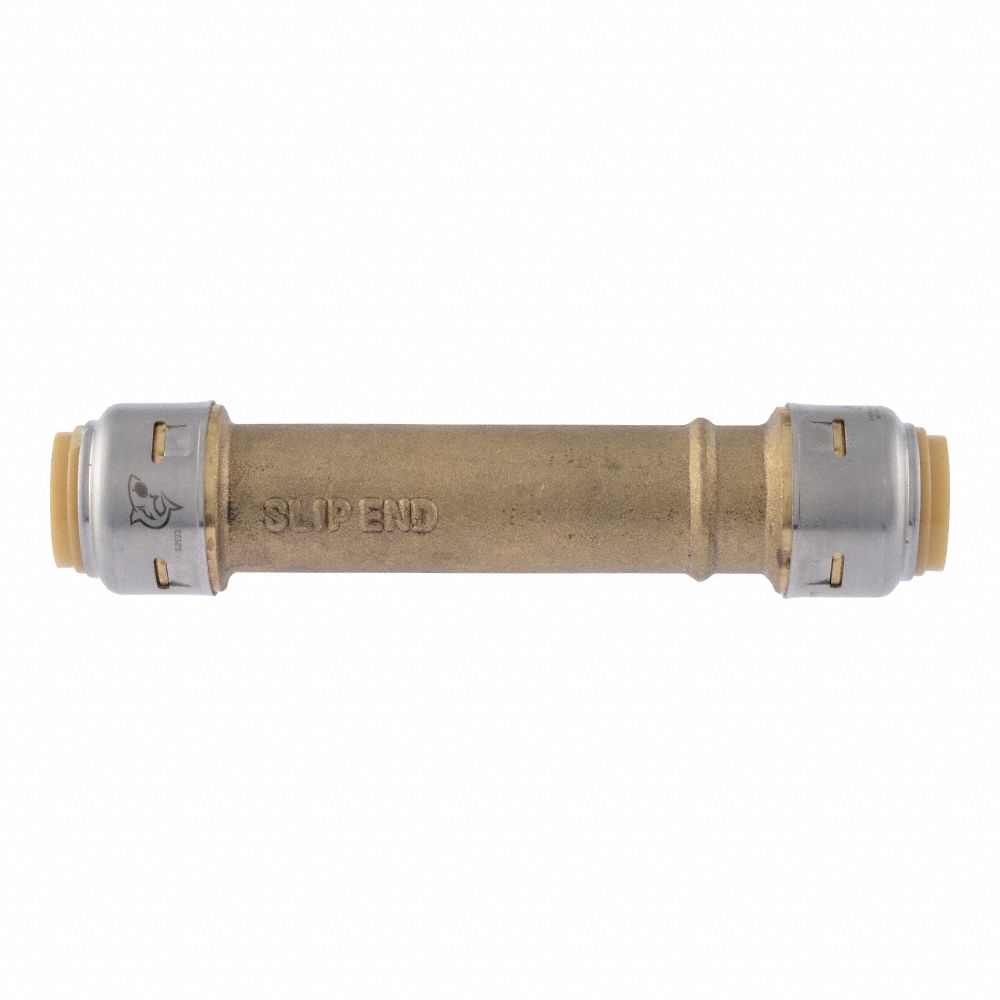 Push-Fit Adapter Fitting: 1/2 in OD x 5/8 in OD Size, Brass, Coupling