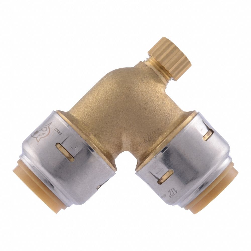 Push-Fit Elbow Fitting: Elbow, 5/8 in OD x 5/8 in OD Size, Brass, Drain