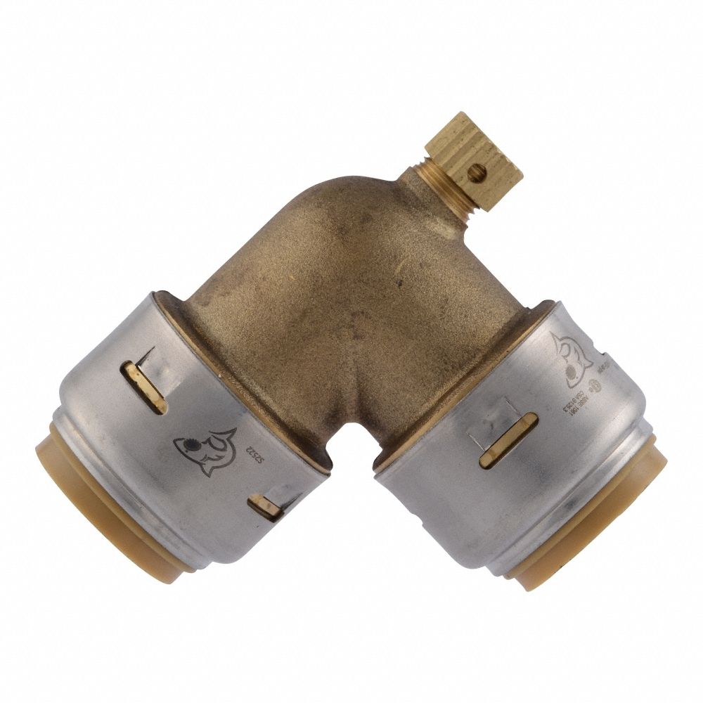 Push-Fit Elbow Fitting: 90° Elbow, 3/4 in OD x 3/4 in OD Size, Brass