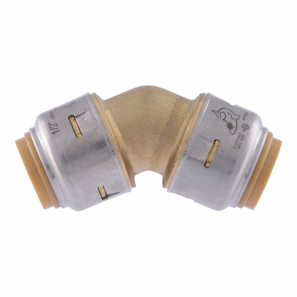 Push-Fit Elbow Fitting: 45° Elbow, 5/8 in OD x 5/8 in OD Size, Brass