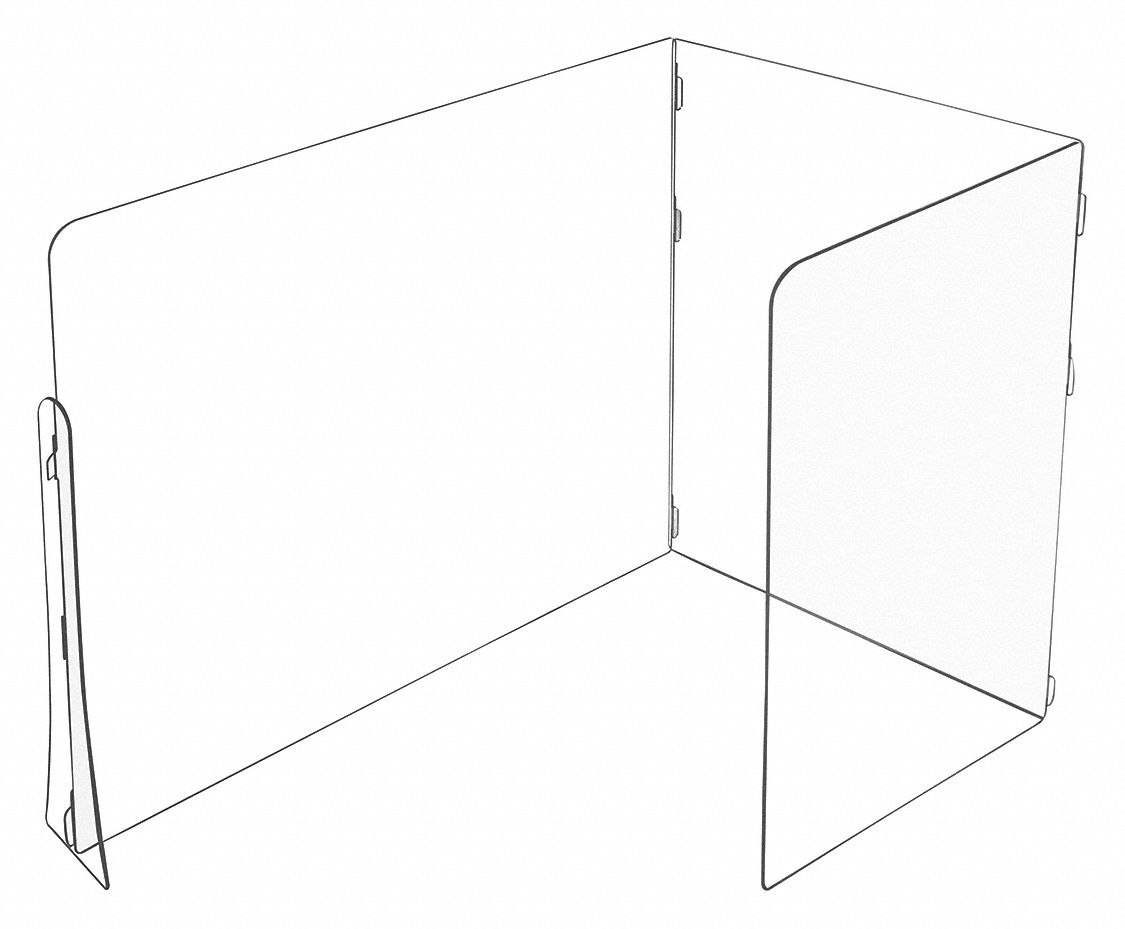 SNEEZE GUARD, CLASSROOM, J-SHAPE, CLEAR, 1/4 IN THICK, 16 IN SHORT SIDE W, 48 X 36 X 54 IN, PLASTIC