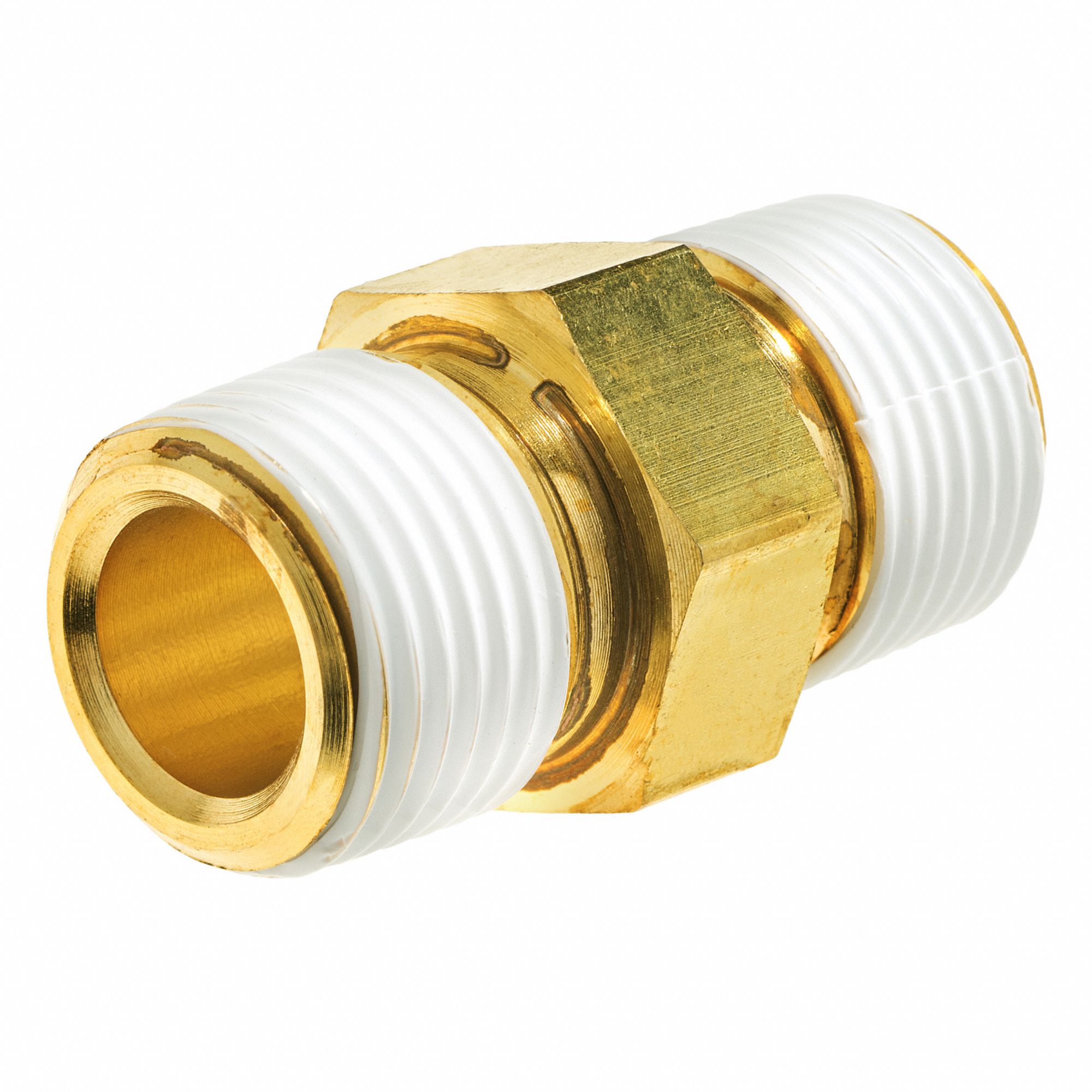 STRAIGHT HEX NIPPLE W/THREAD SEALANT, MNPT, PIPE SIZE ¾ IN, 1 27/32 IN LENGTH, BRASS, 3200 PSI