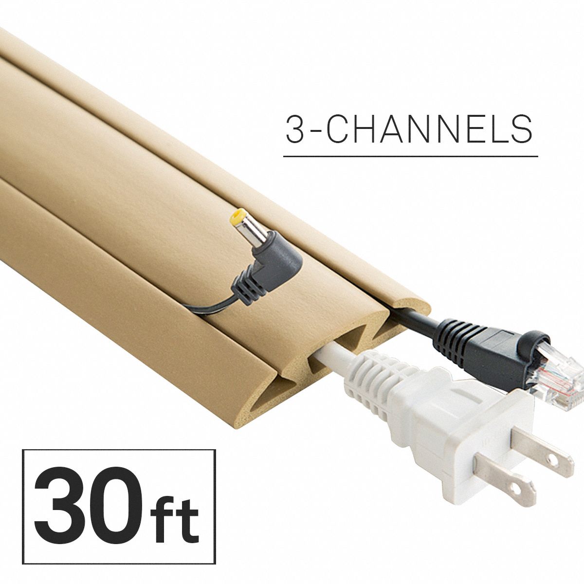 Cable protector: 3 Channels, 2 5/8 in Overall Wd, 5/8 in Overall Ht, 30 ft Lg, Rubber, Beige