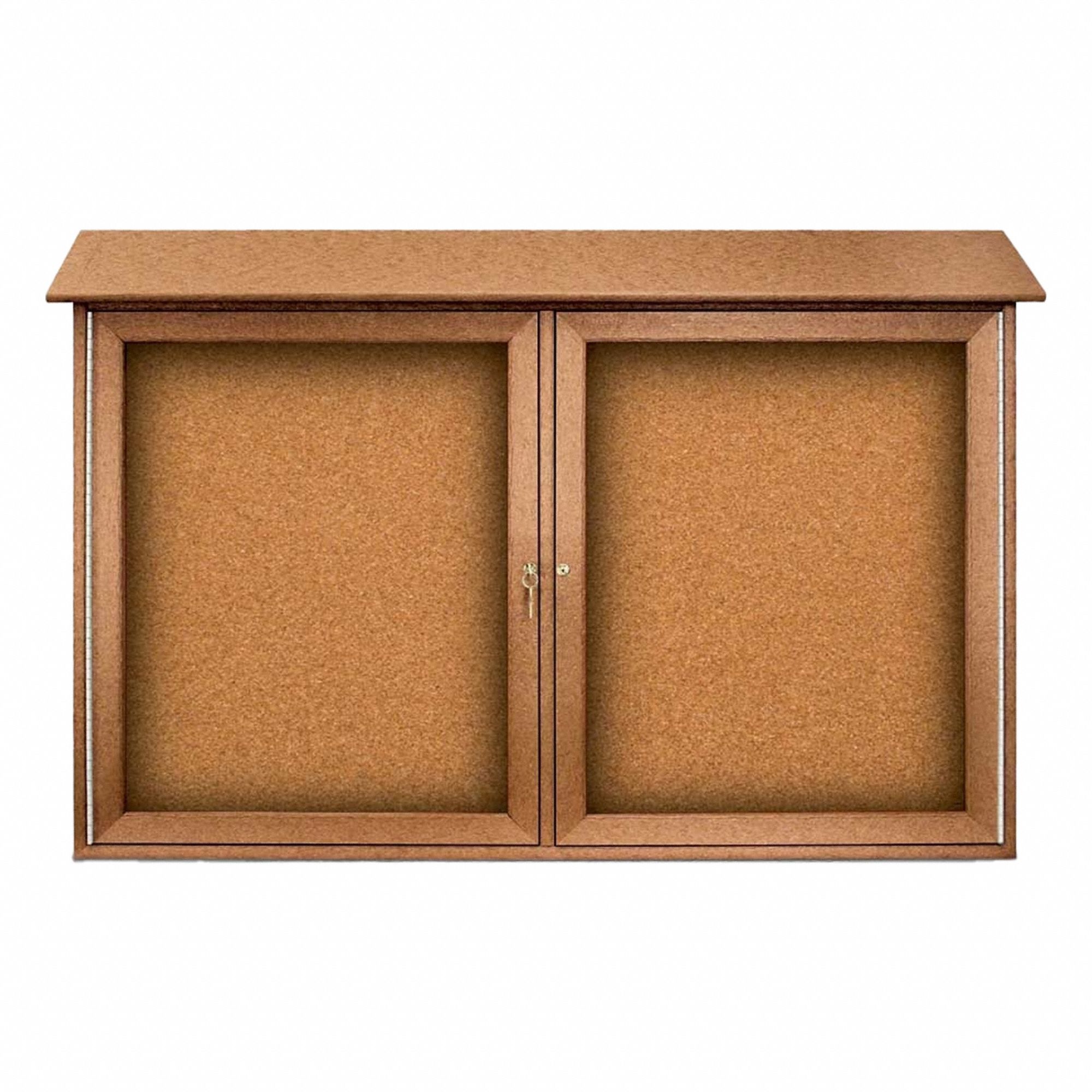 Enclosed Bulletin Board: Swing Door, Acrylic/Plastic, 30 in Overall Ht, Brown