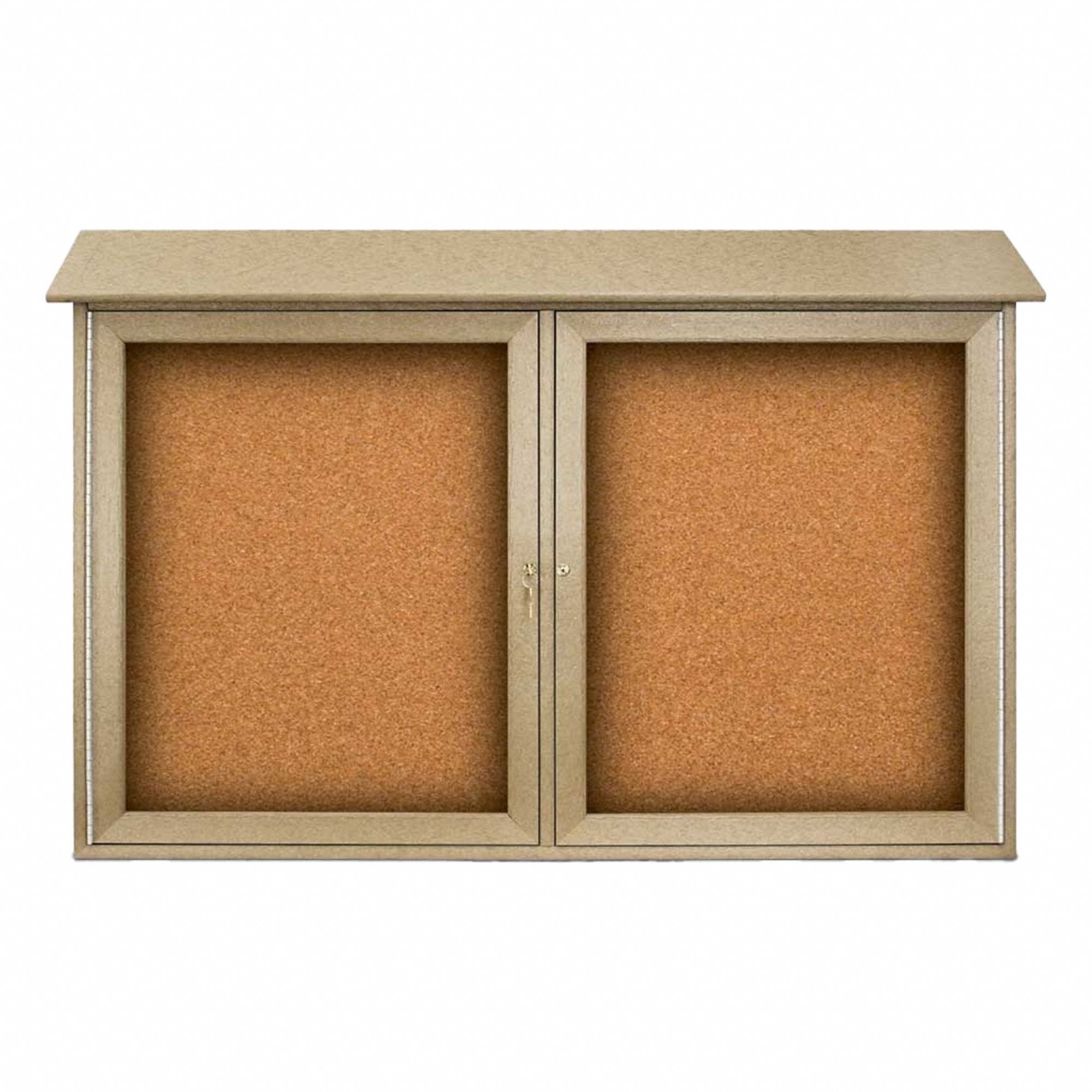 Enclosed Bulletin Board: Swing Door, Acrylic/Plastic, 30 in Overall Ht, Sand