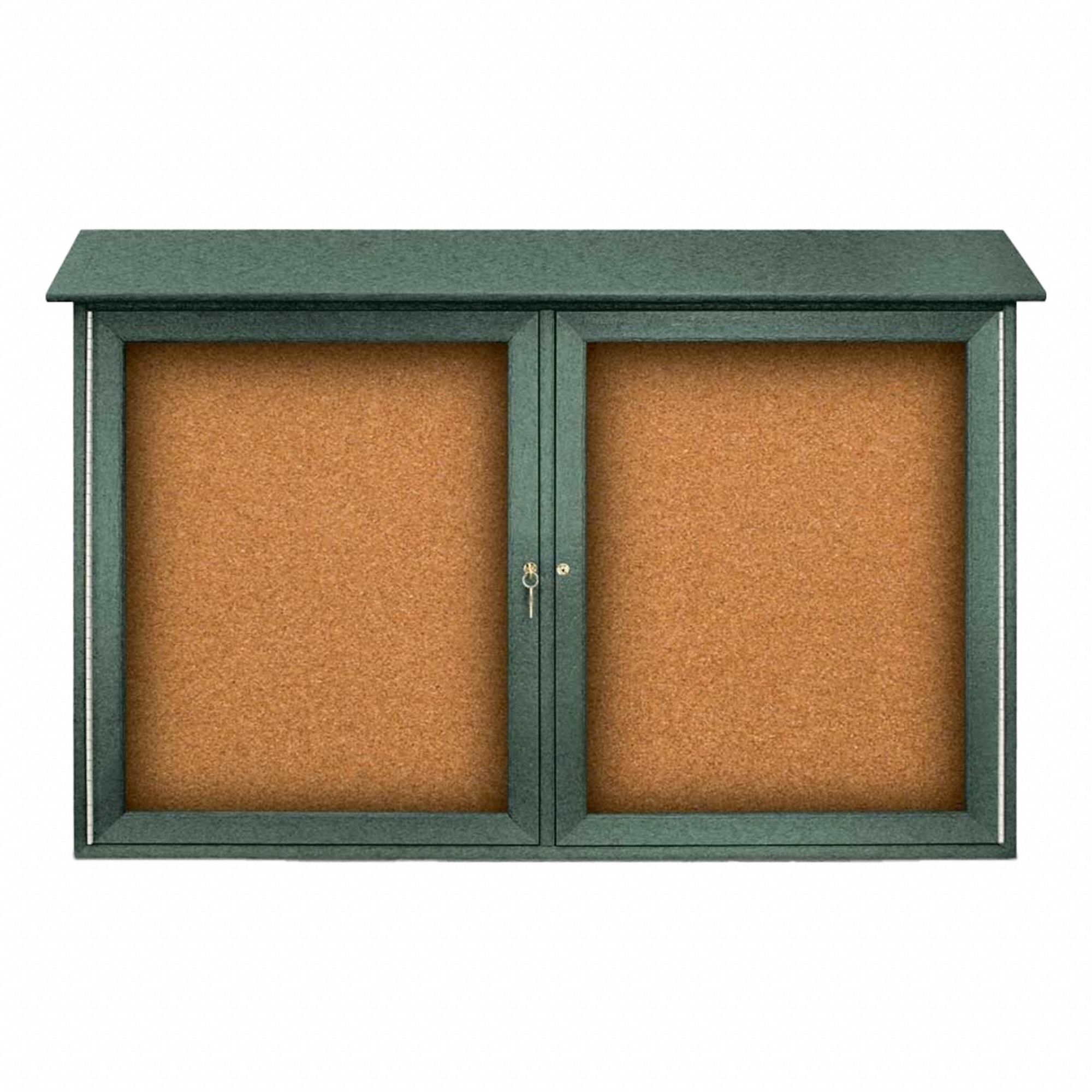 Enclosed Bulletin Board: Swing Door, Acrylic/Plastic, 30 in Overall Ht, Green