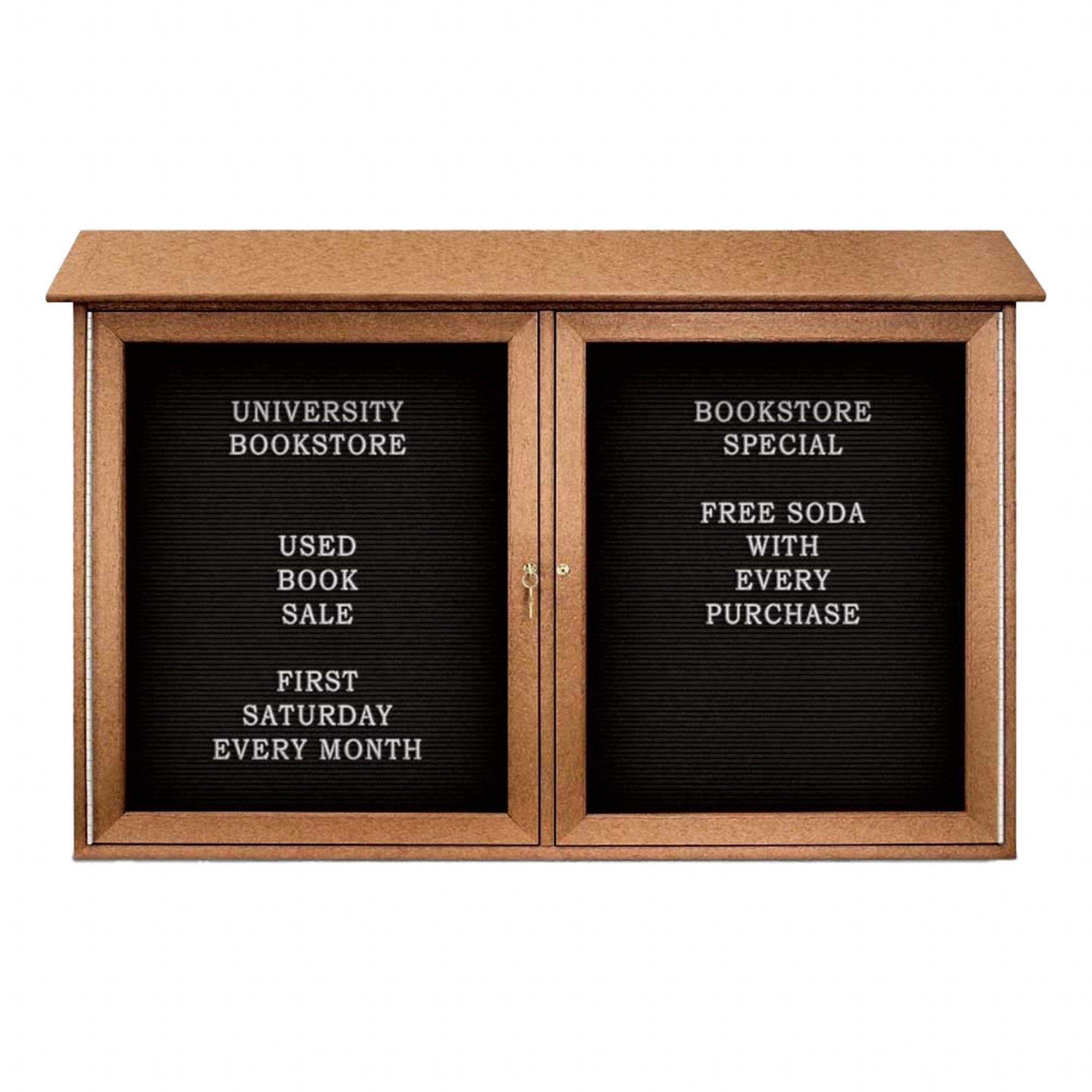 Enclosed Bulletin Board: Swing Door, Acrylic/Plastic, 30 in Overall Ht, Brown