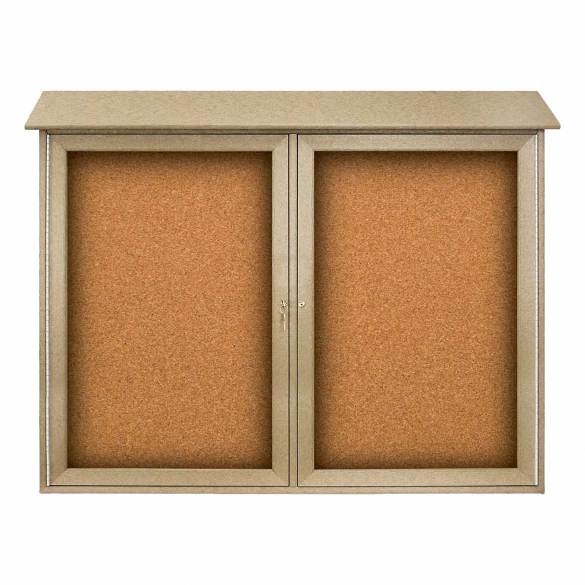 Enclosed Bulletin Board: Swing Door, Acrylic/Plastic, 36 in Overall Ht, Sand