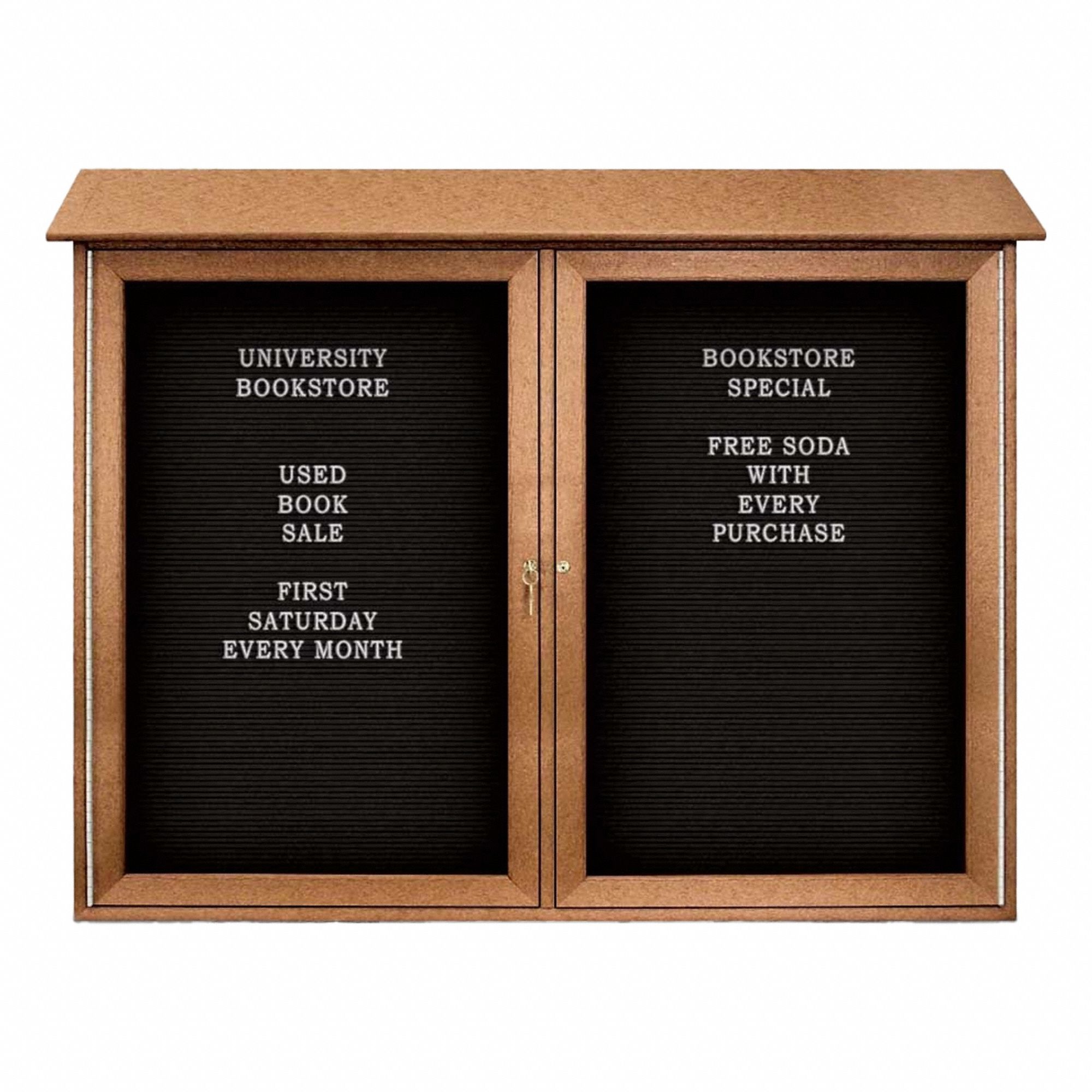 Enclosed Bulletin Board: Swing Door, Acrylic/Plastic, 36 in Overall Ht, Brown