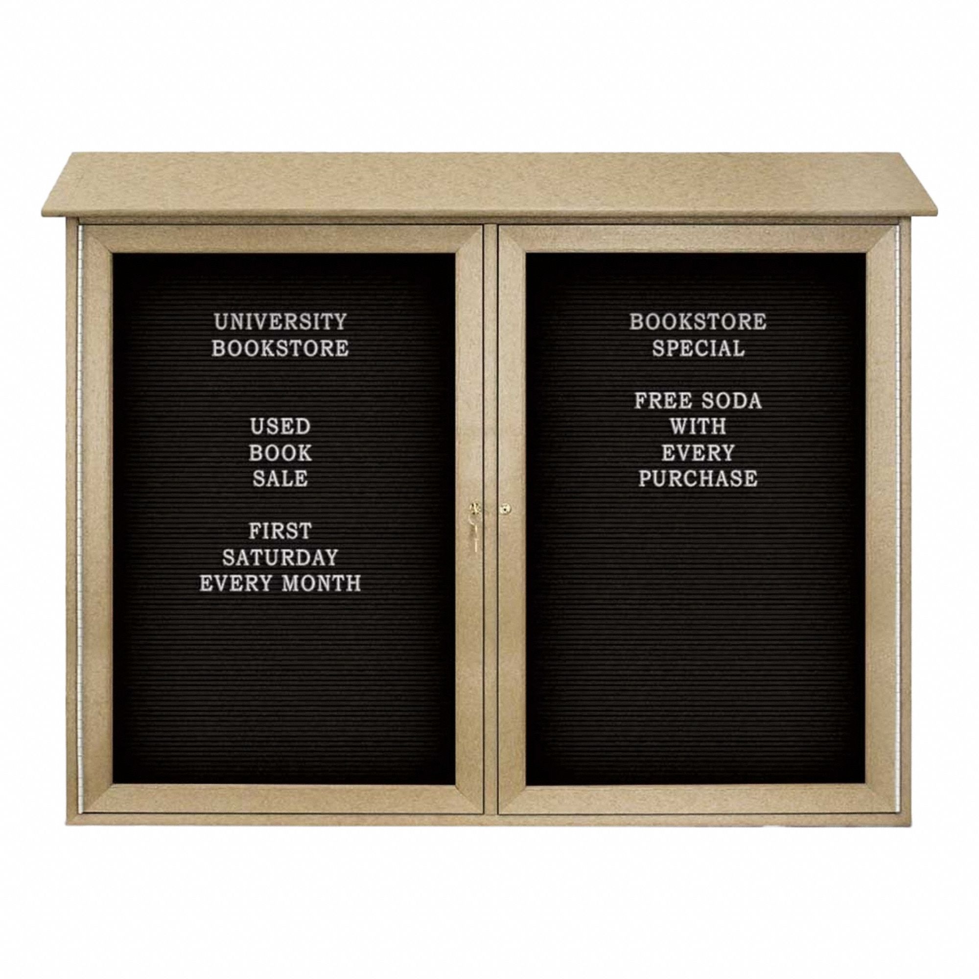 Enclosed Bulletin Board: Swing Door, Acrylic/Plastic, 36 in Overall Ht, Sand