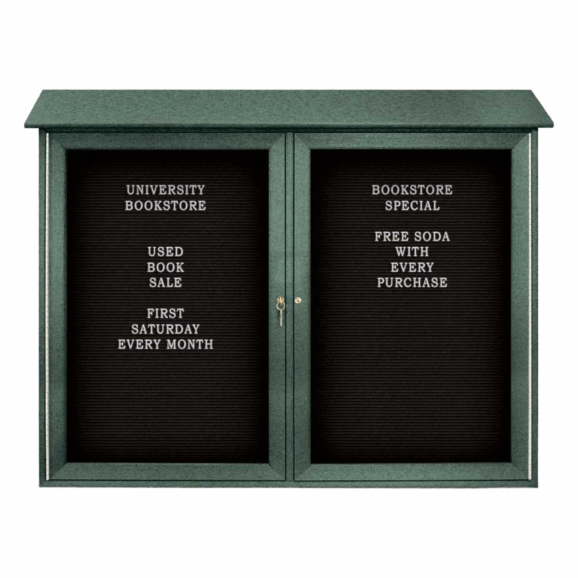 Enclosed Bulletin Board: Swing Door, Acrylic/Plastic, 36 in Overall Ht, Green
