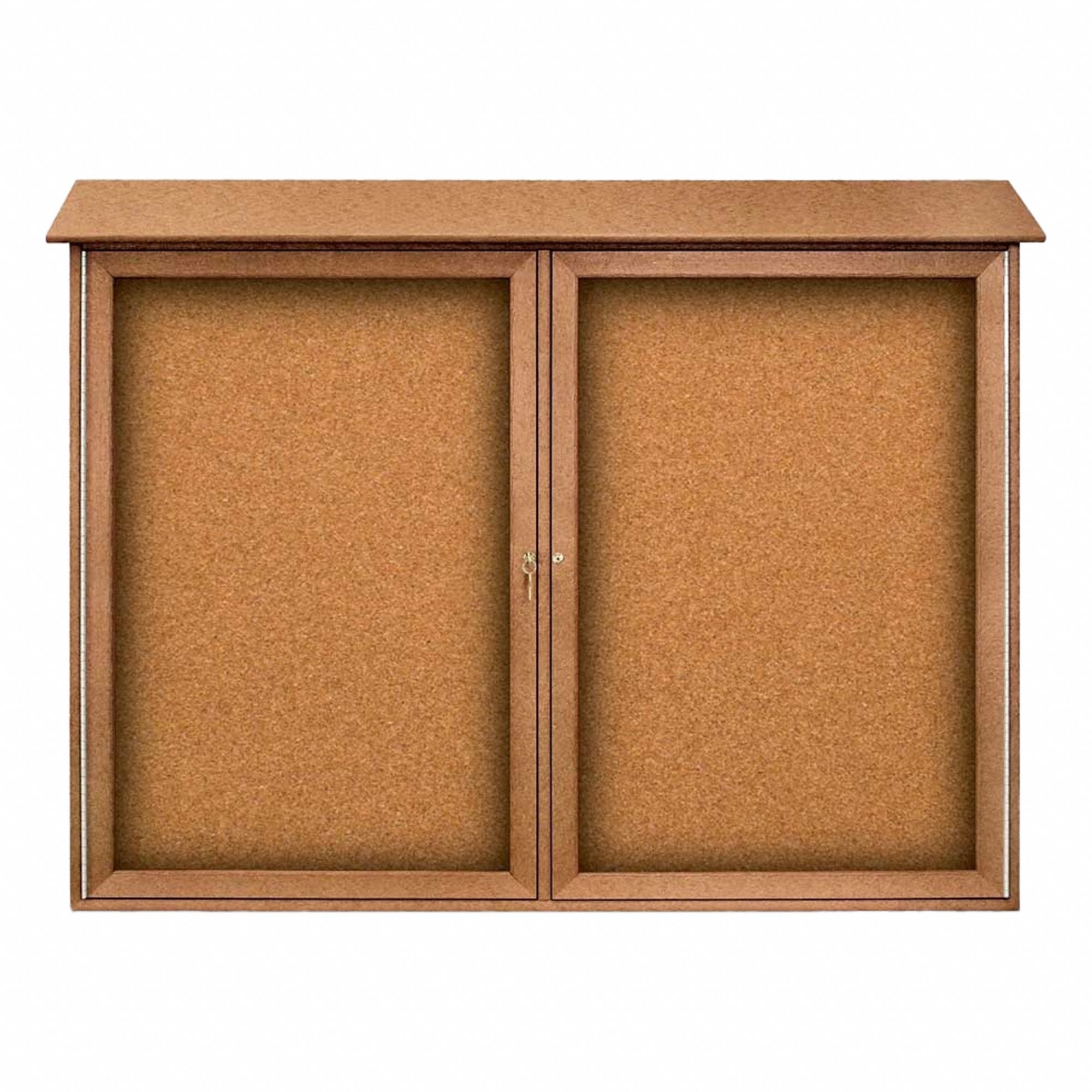 Enclosed Bulletin Board: Swing Door, Acrylic/Plastic, 40 in Overall Ht, Brown