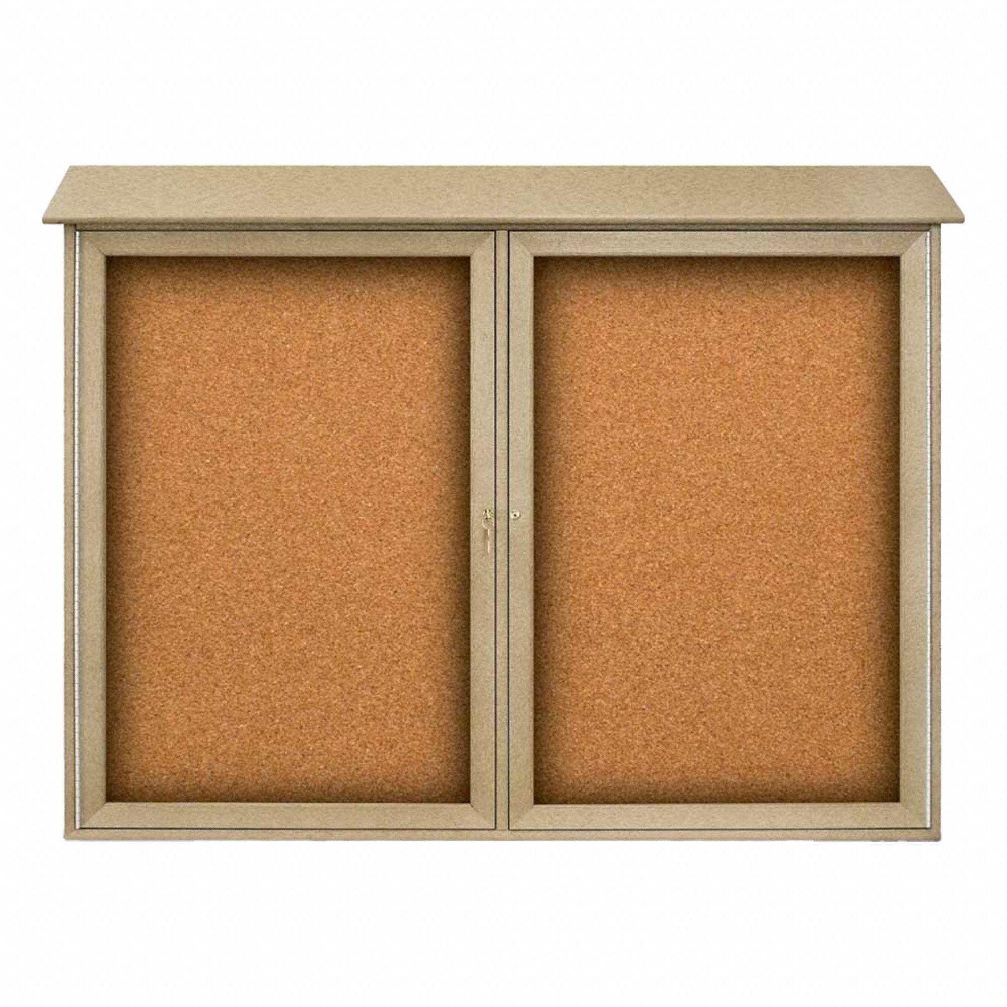 Enclosed Bulletin Board: Swing Door, Acrylic/Plastic, 40 in Overall Ht, Sand