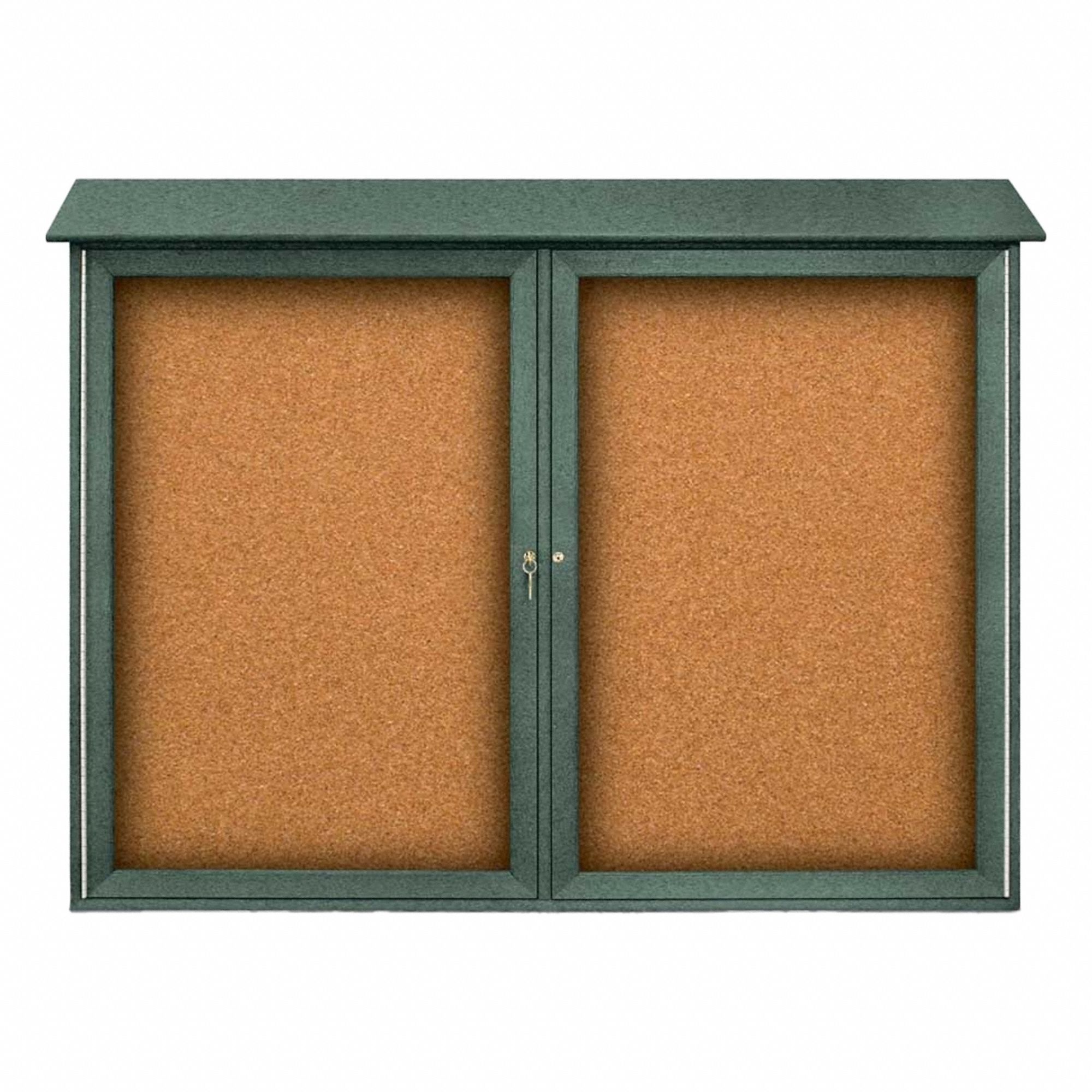 Enclosed Bulletin Board: Swing Door, Acrylic/Plastic, 40 in Overall Ht, Green