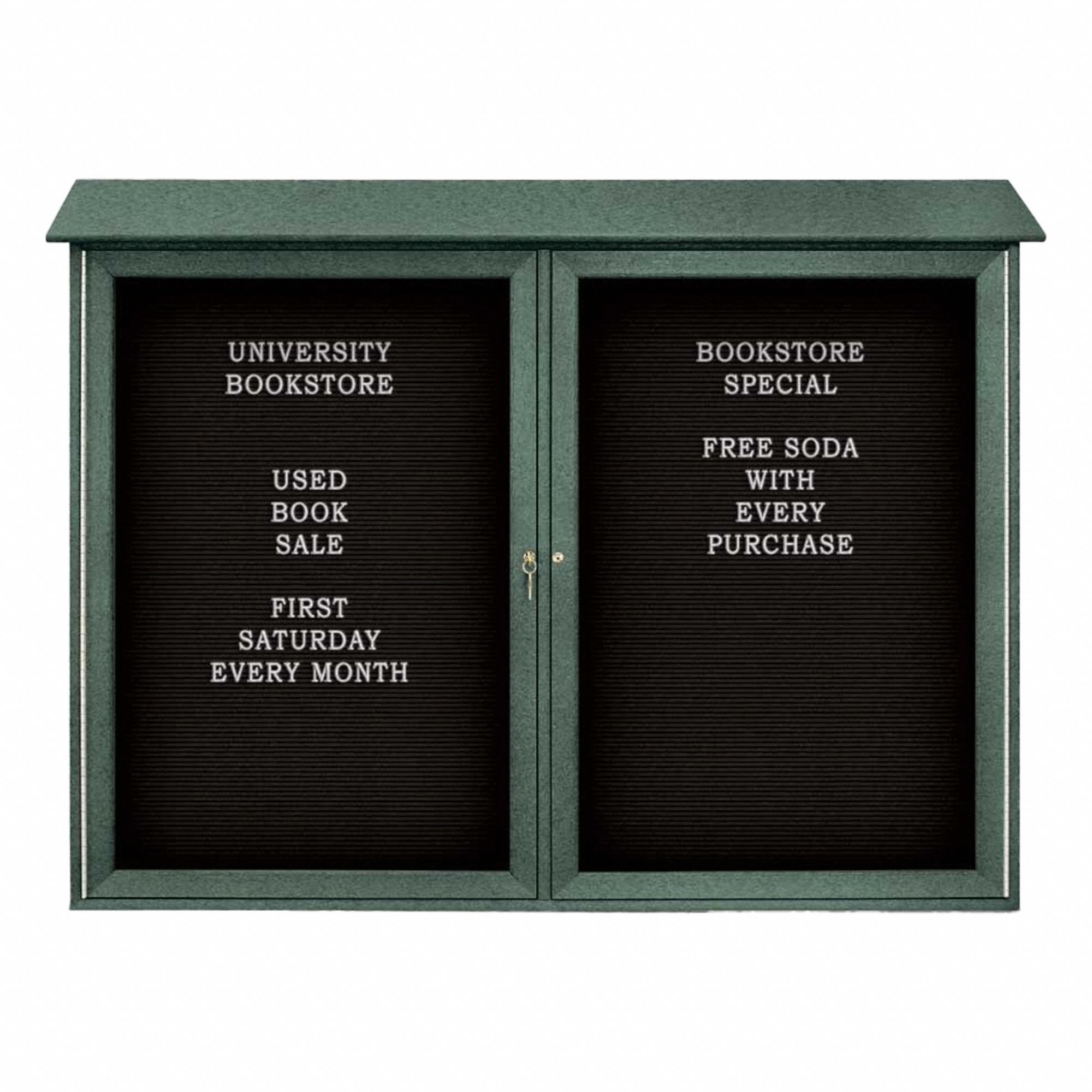 Enclosed Bulletin Board: Swing Door, Acrylic/Plastic, 40 in Overall Ht, Green