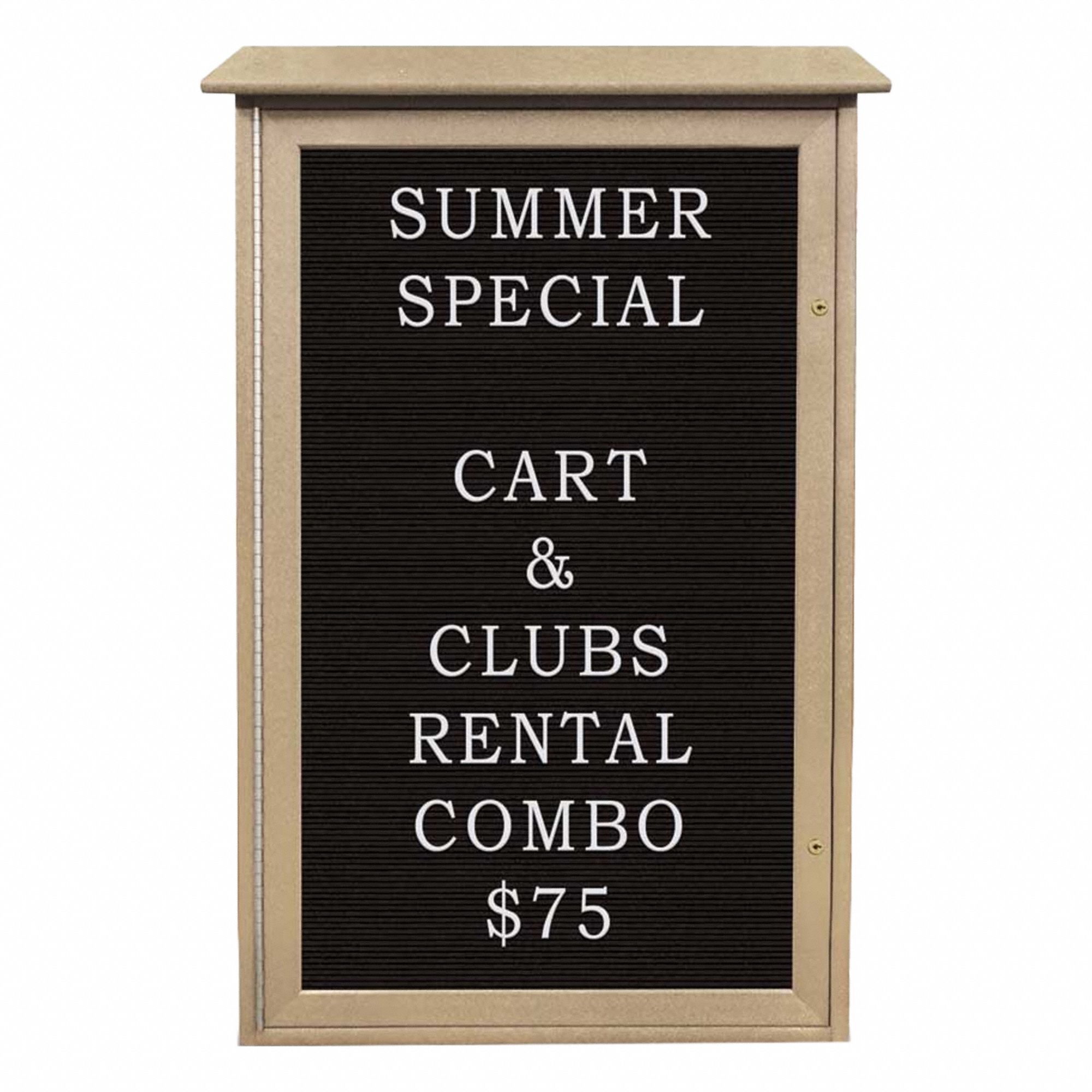 Enclosed Bulletin Board: Swing Door, Acrylic/Plastic, 42 in Overall Ht, Sand