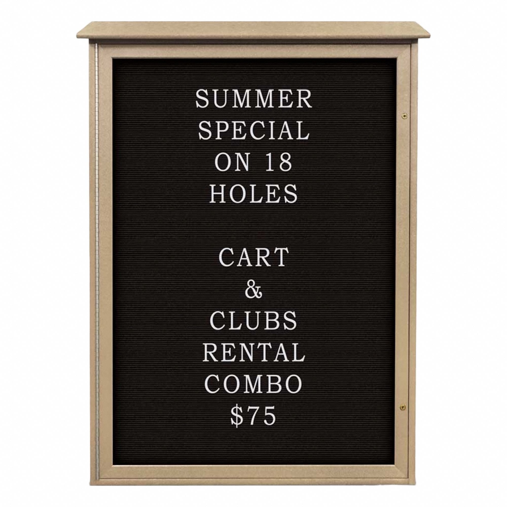 Enclosed Bulletin Board: Swing Door, Acrylic/Plastic, 54 in Overall Ht, Sand