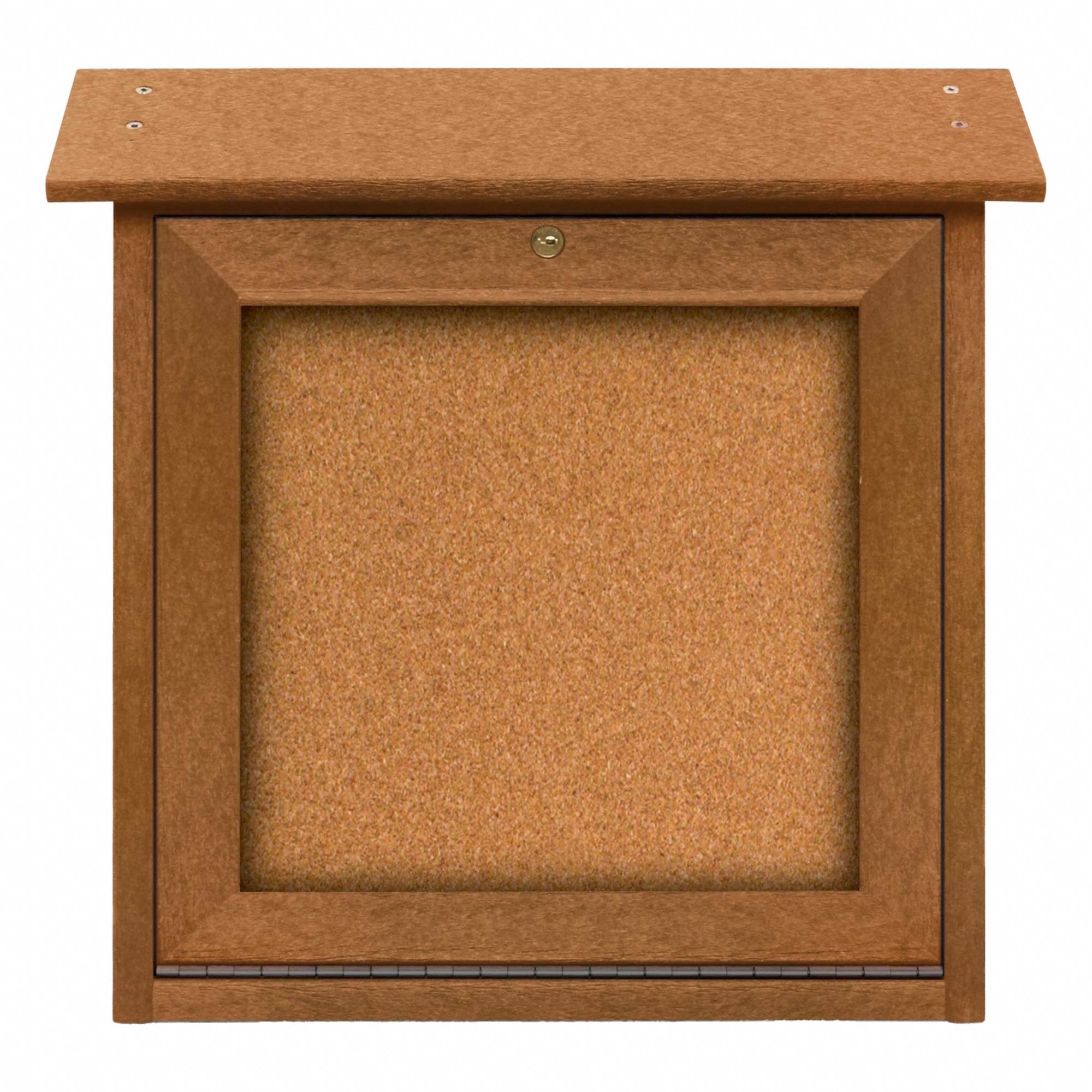 Enclosed Bulletin Board: Swing Door, Acrylic/Plastic, 18 in Overall Ht, Brown