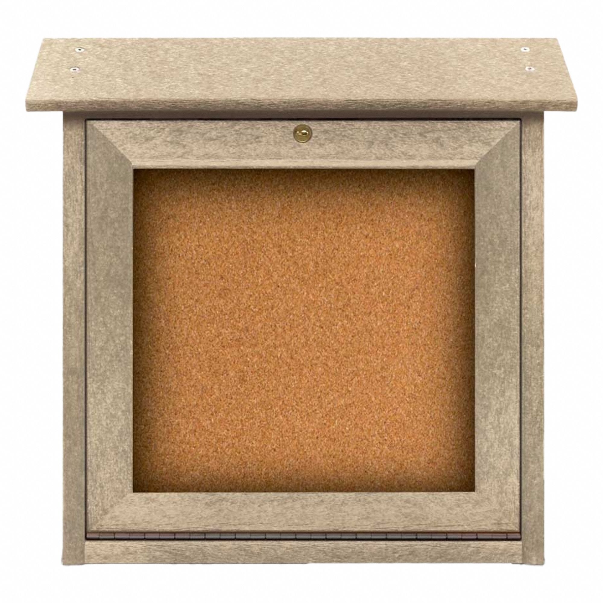 Enclosed Bulletin Board: Swing Door, Acrylic/Plastic, 18 in Overall Ht, Sand