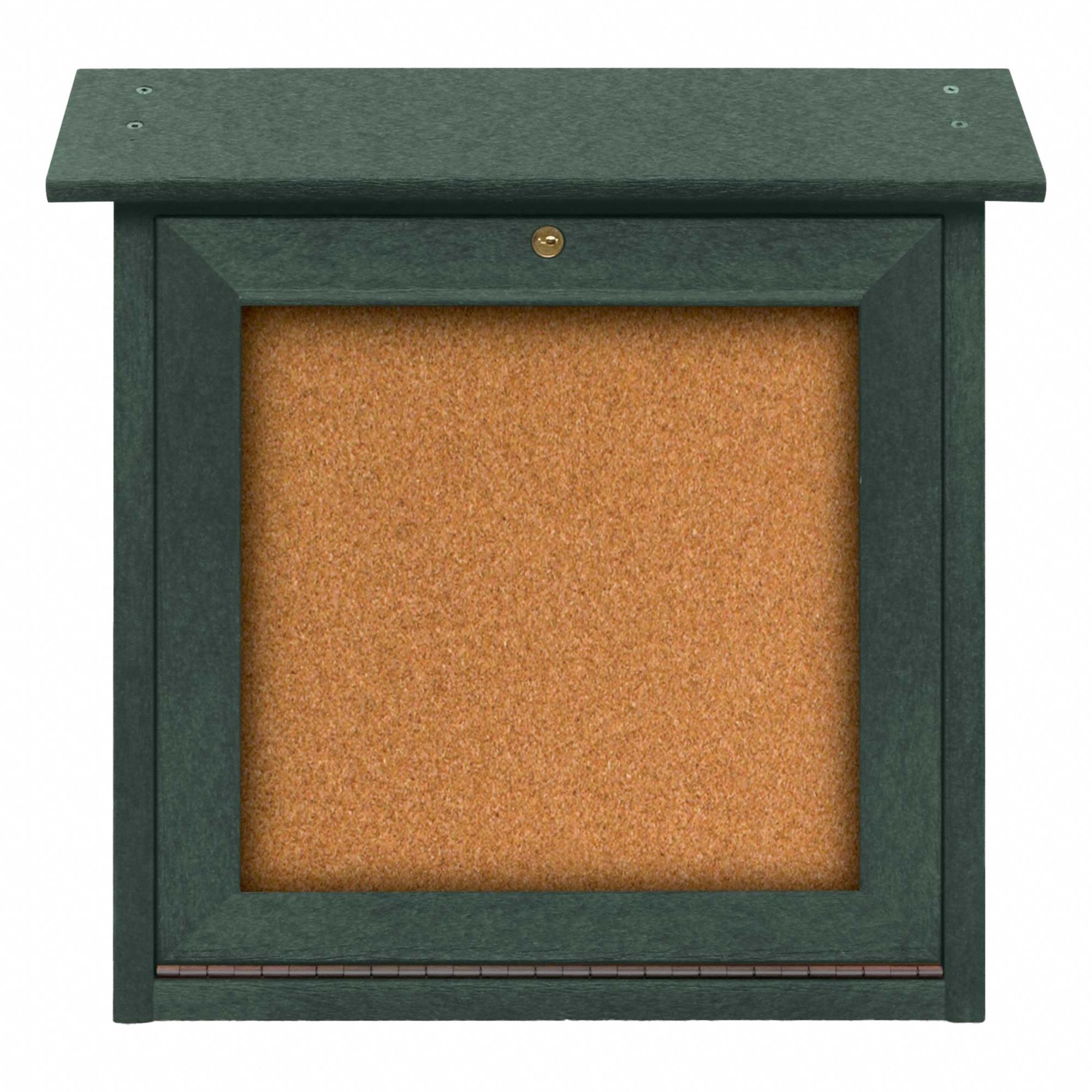 Enclosed Bulletin Board: Swing Door, Acrylic/Plastic, 18 in Overall Ht, Green