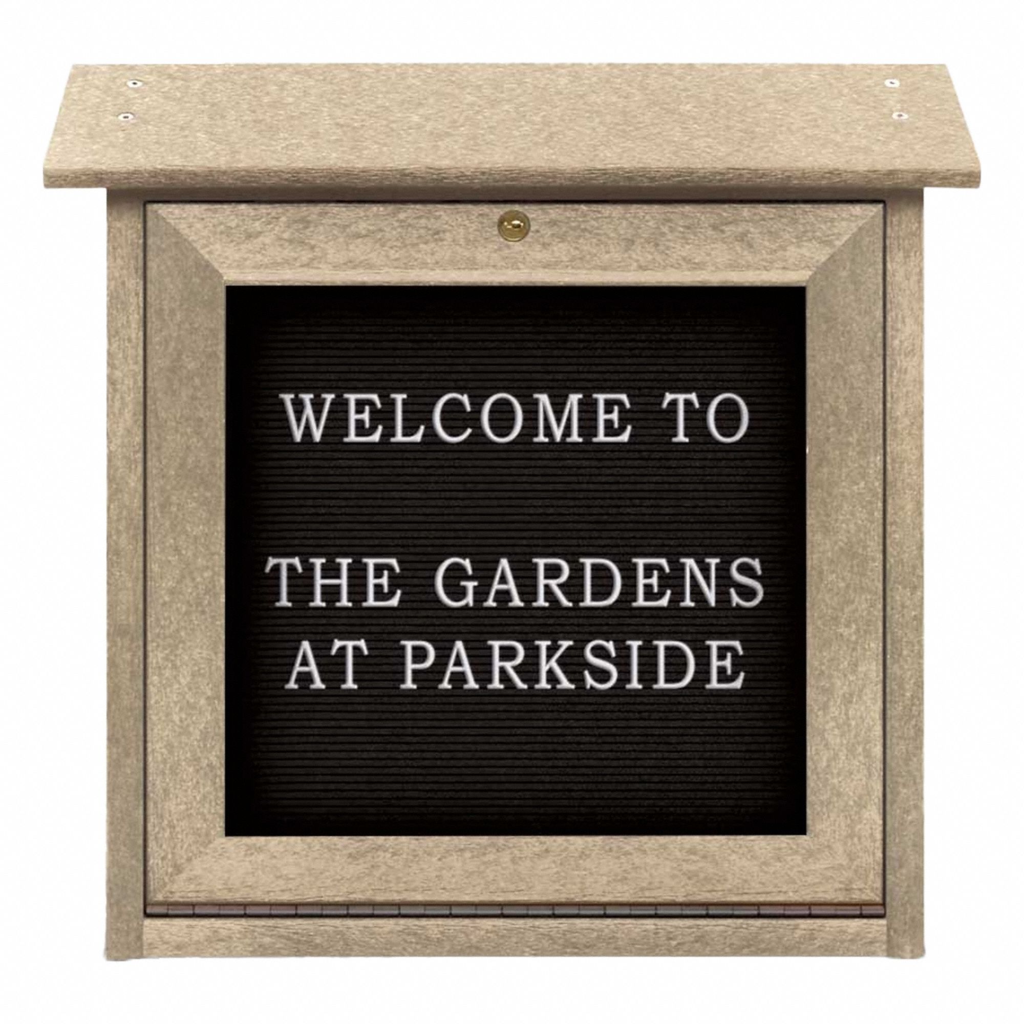 Enclosed Bulletin Board: Swing Door, Acrylic/Plastic, 18 in Overall Ht, Sand