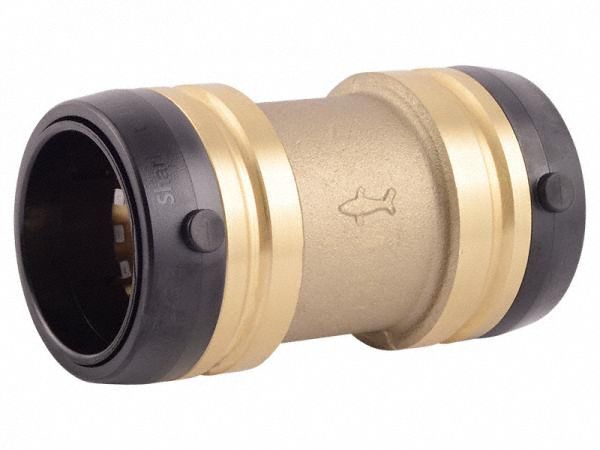 Push-Fit Coupling Fitting: Straight, 1 1/2 in Pipe x 1 1/2 in Pipe Size, Brass, Coupling