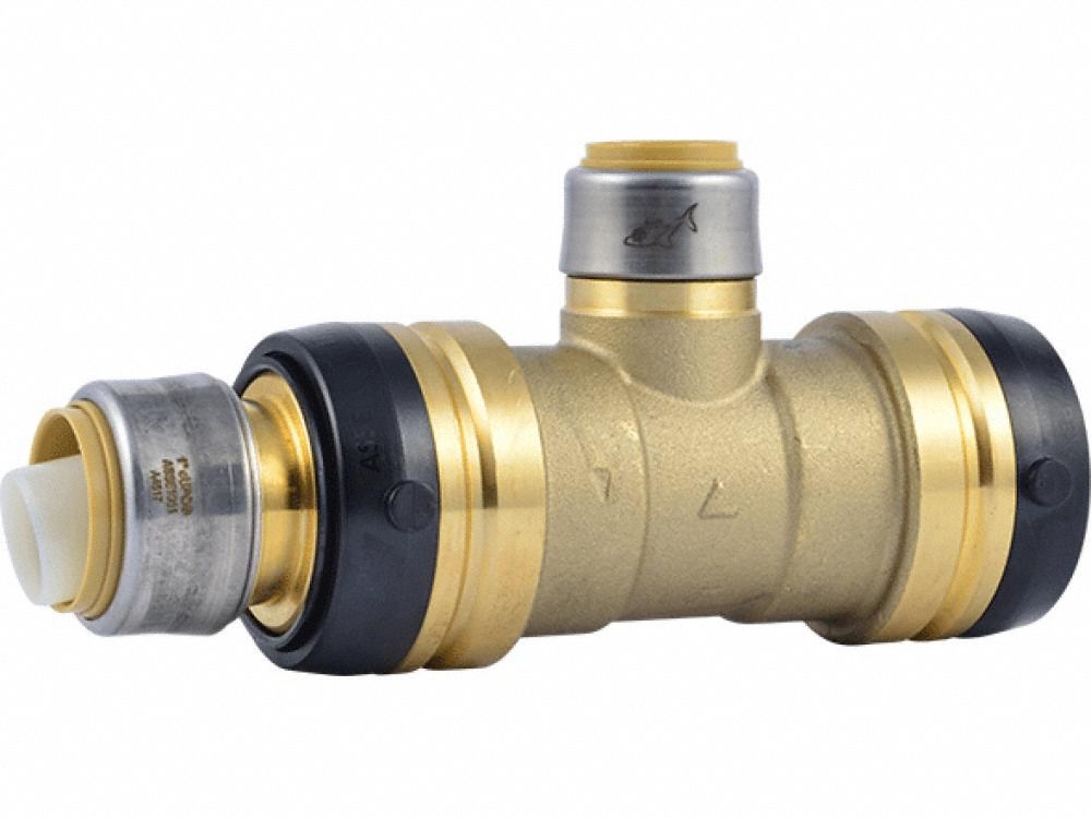 Push-Fit Tee Fitting: 1 7/8 in OD x 1 1/2 in OD x 3/4 in OD Size, Brass, Reducer, Swivel
