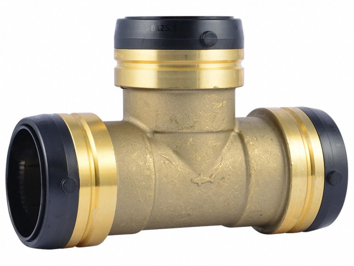 Push-Fit Tee Fitting: 2 3/8 in OD x 2 in OD x 2 in OD Size, Brass, Coupling, Swivel