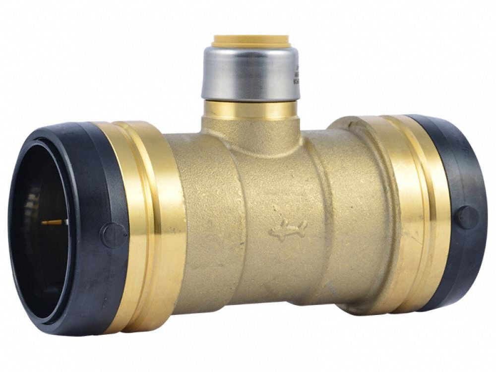 Push-Fit Tee Fitting: 2 3/8 in OD x 2 in OD x 3/4 in OD Size, Brass, Reducer, Swivel