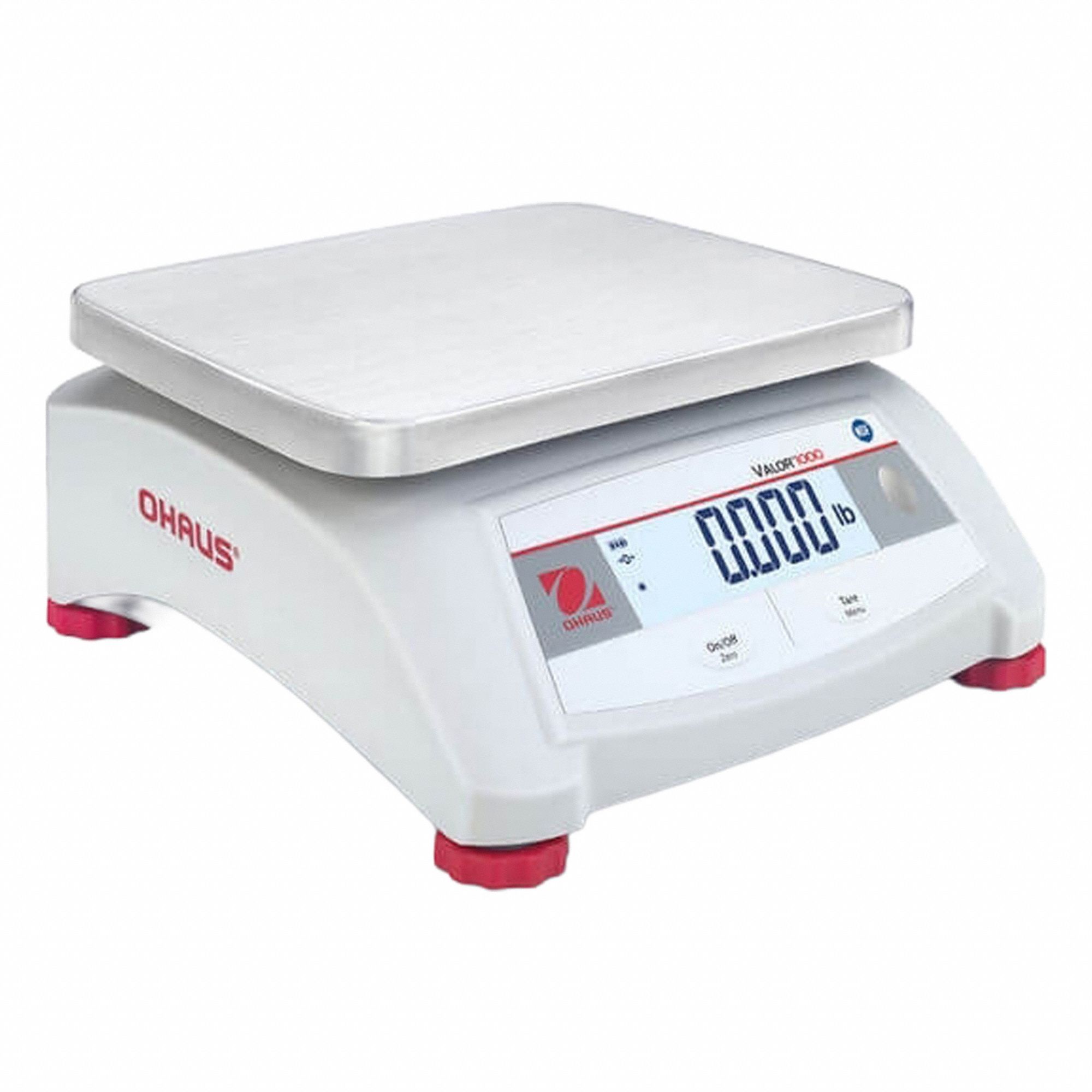 OHAUS Food Scale: 9 5/8 in Weighing Surface Dp, 7 1/2 in Weighing Surface Wd, 4 3/4 in Overall Ht (MPN V12P2T AM). Key specifications — Connection Ports: RS-232; Readability: 0.2 g/0.0005 lb; Brand: OHAUS; IP Rating: Not IP Rated.