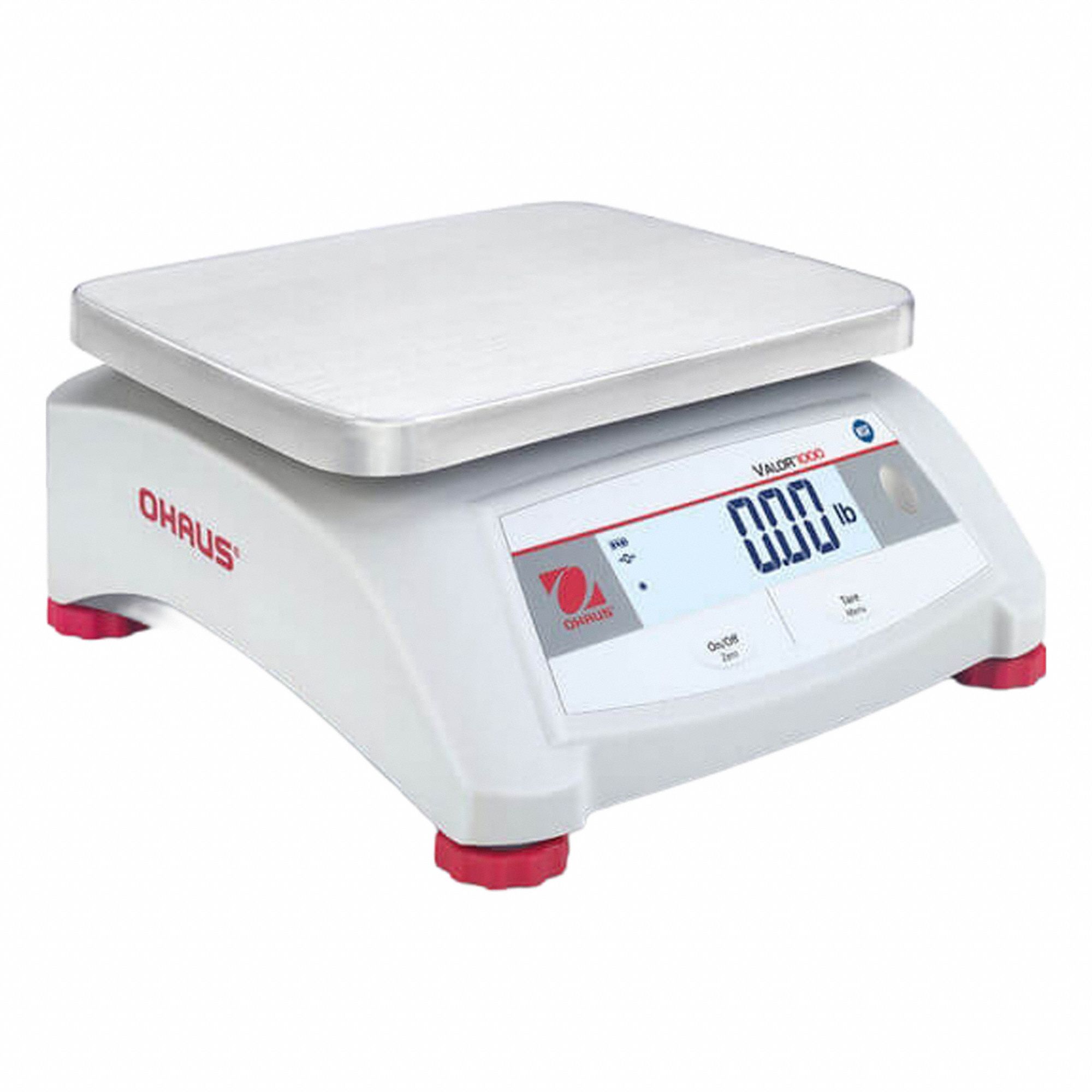 OHAUS Food Scale: 9 5/8 in Weighing Surface Dp, 7 1/2 in Weighing Surface Wd, 4 3/4 in Overall Ht (MPN V12P10T AM). Key specifications — Connection Ports: RS-232; Readability: 0.002 lb/1 g; Brand: OHAUS; IP Rating: Not IP Rated.