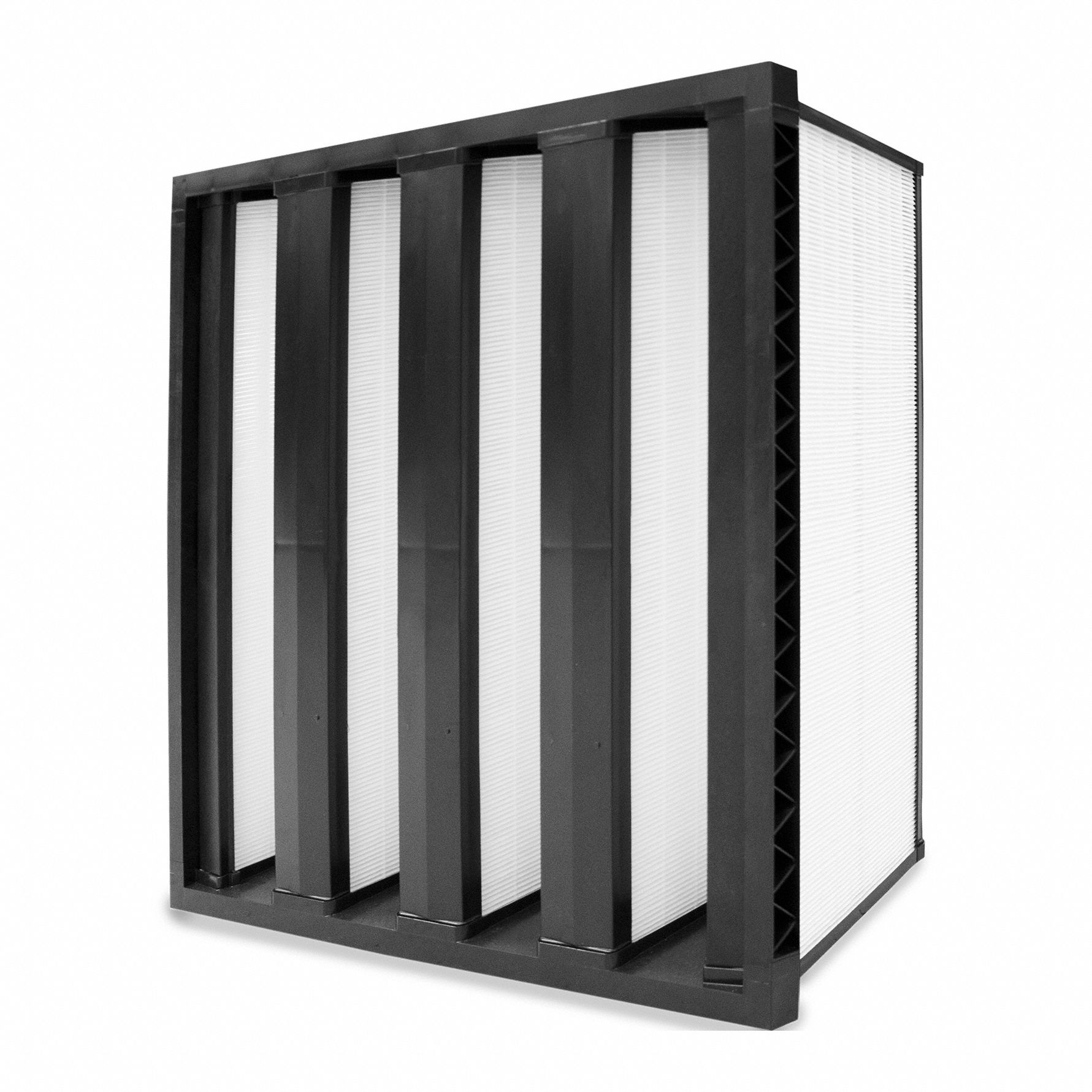 GRAINGER VBank Air Filter: 24 in x 20 in x 17 in, Synthetic, Single Header, 4 Vs, MERV 16 (MPN V4UES19C23CD220). Key specifications — Brand: GRAINGER; Frame or Header Material: Plastic; Media Material: Synthetic; Gasket Location: 4 Sides and Downstream Face; Filters Out: Bacteria.