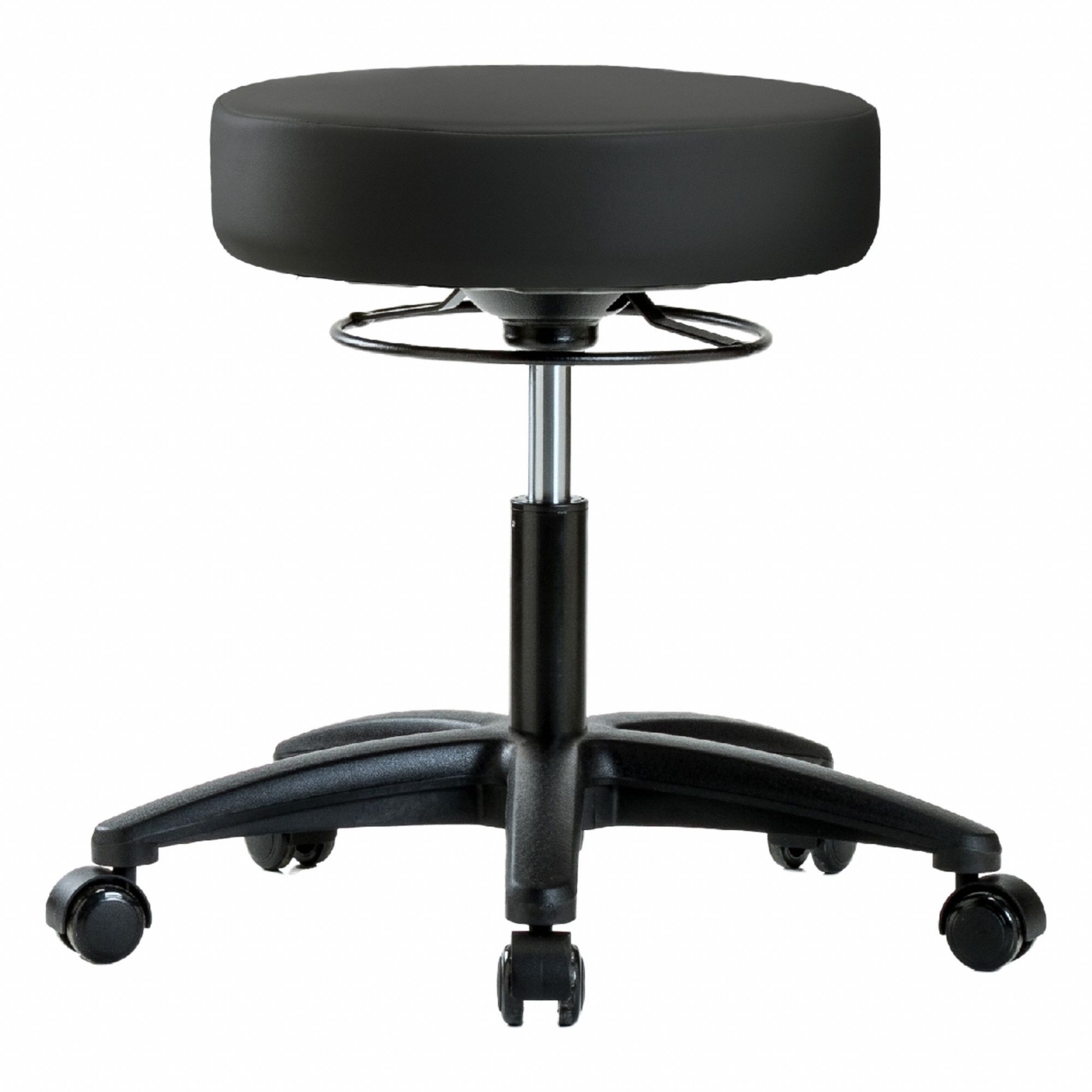 Stool: Vinyl, Ht Range 17 1/4 in to 22 1/2 in, 17 in Seat Wd, 17 in Seat Dp, 0 Glides, 5 Casters