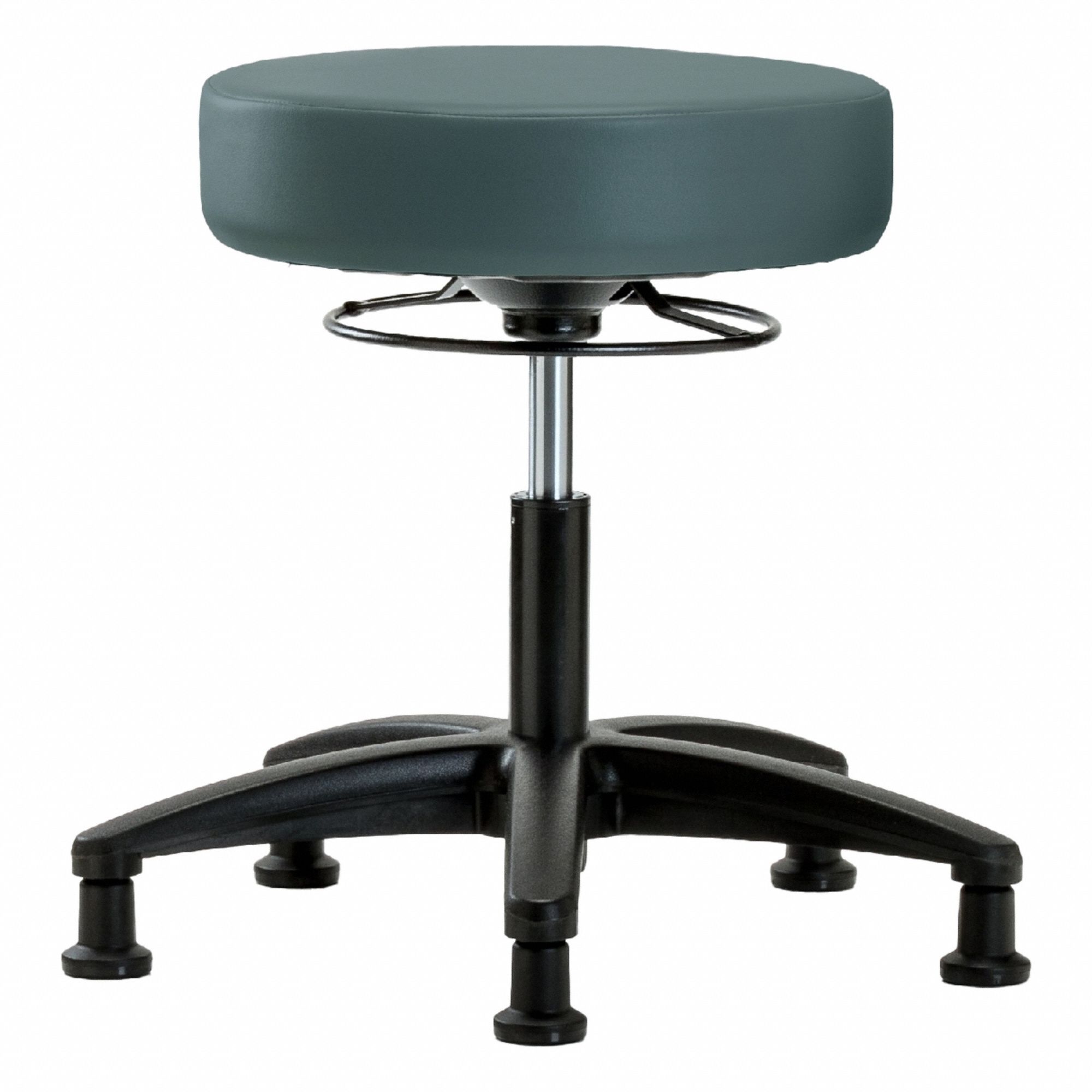 Stool: Vinyl, Ht Range 17 1/4 in to 22 1/2 in, 17 in Seat Wd, 17 in Seat Dp, 5 Glides, 0 Casters