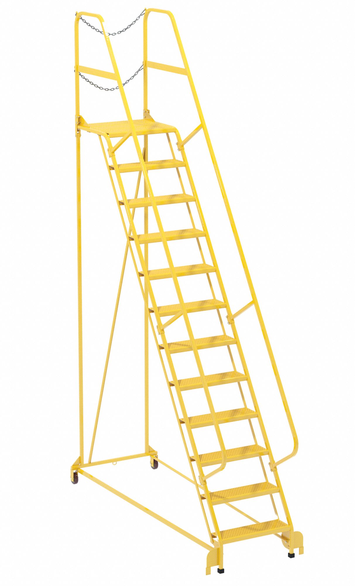 ROLLING AND CANTILEVER LADDER, YELLOW, 156 IN H, STEEL, POWDER COATED FINISH, 24 IN STEP W