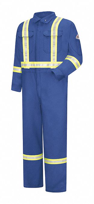 COVERALL, FR, CSA STRIPING, CONCEALED SNAP CUFF/ZIPPER CLOSURE, 7 OZ, BLUE, 38, COTTON/NYLON