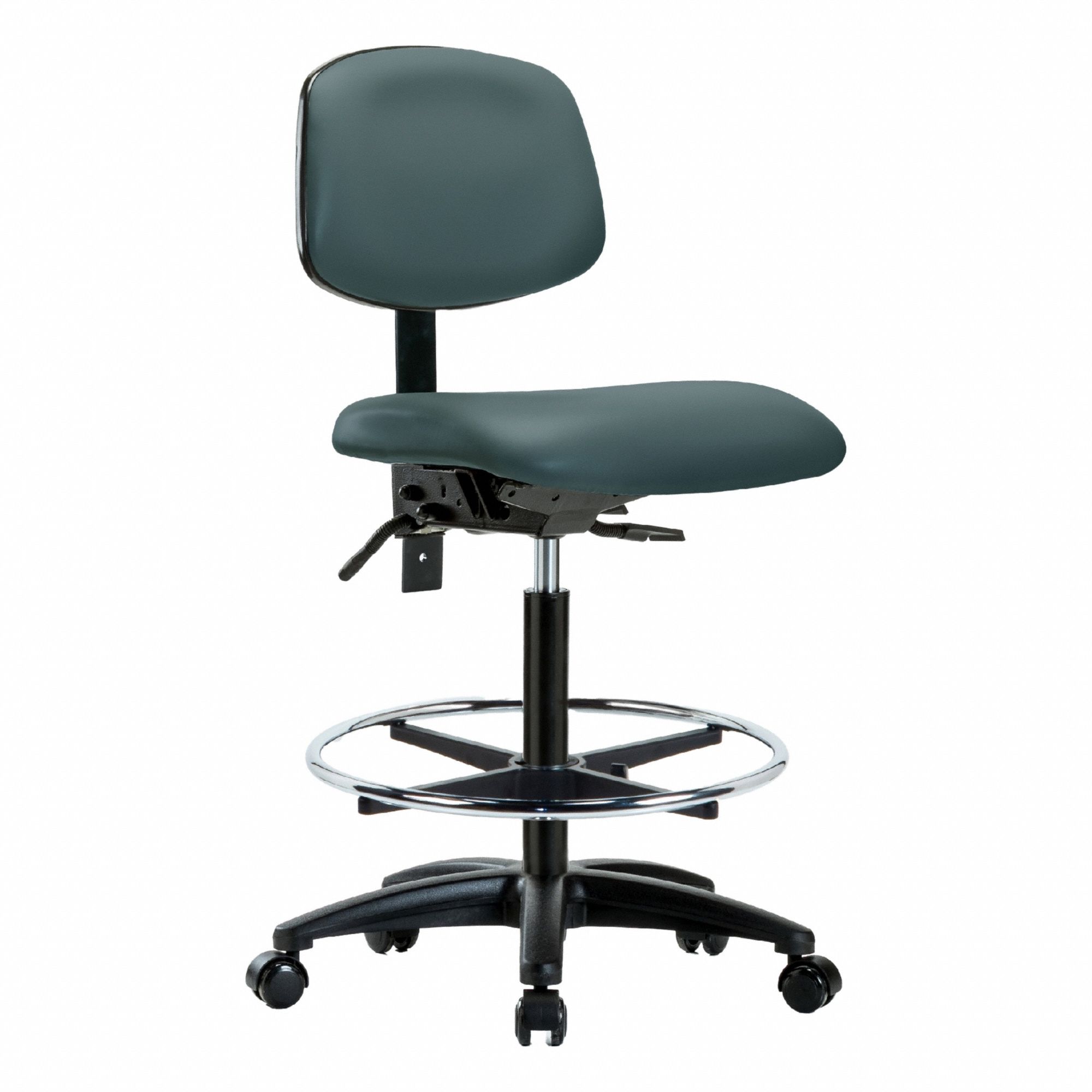 Ergonomic Chair: Vinyl, Armless, Ht Range 25 in to 34 1/2 in, 18 1/2 in Seat Wd, 17 in Seat Dp, Blue