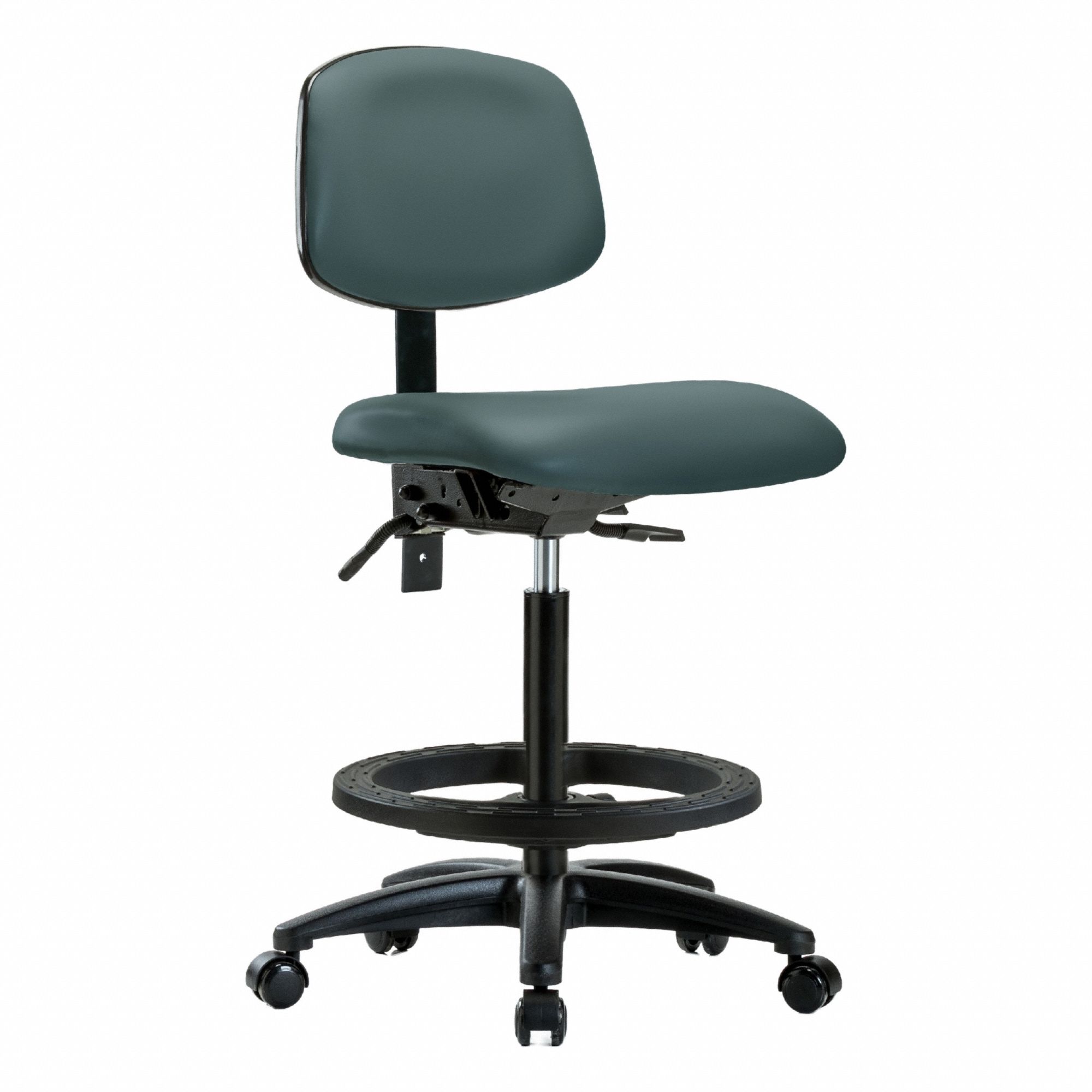 Ergonomic Chair: Vinyl, Armless, Ht Range 25 in to 34 1/2 in, 18 1/2 in Seat Wd, 17 in Seat Dp, Blue